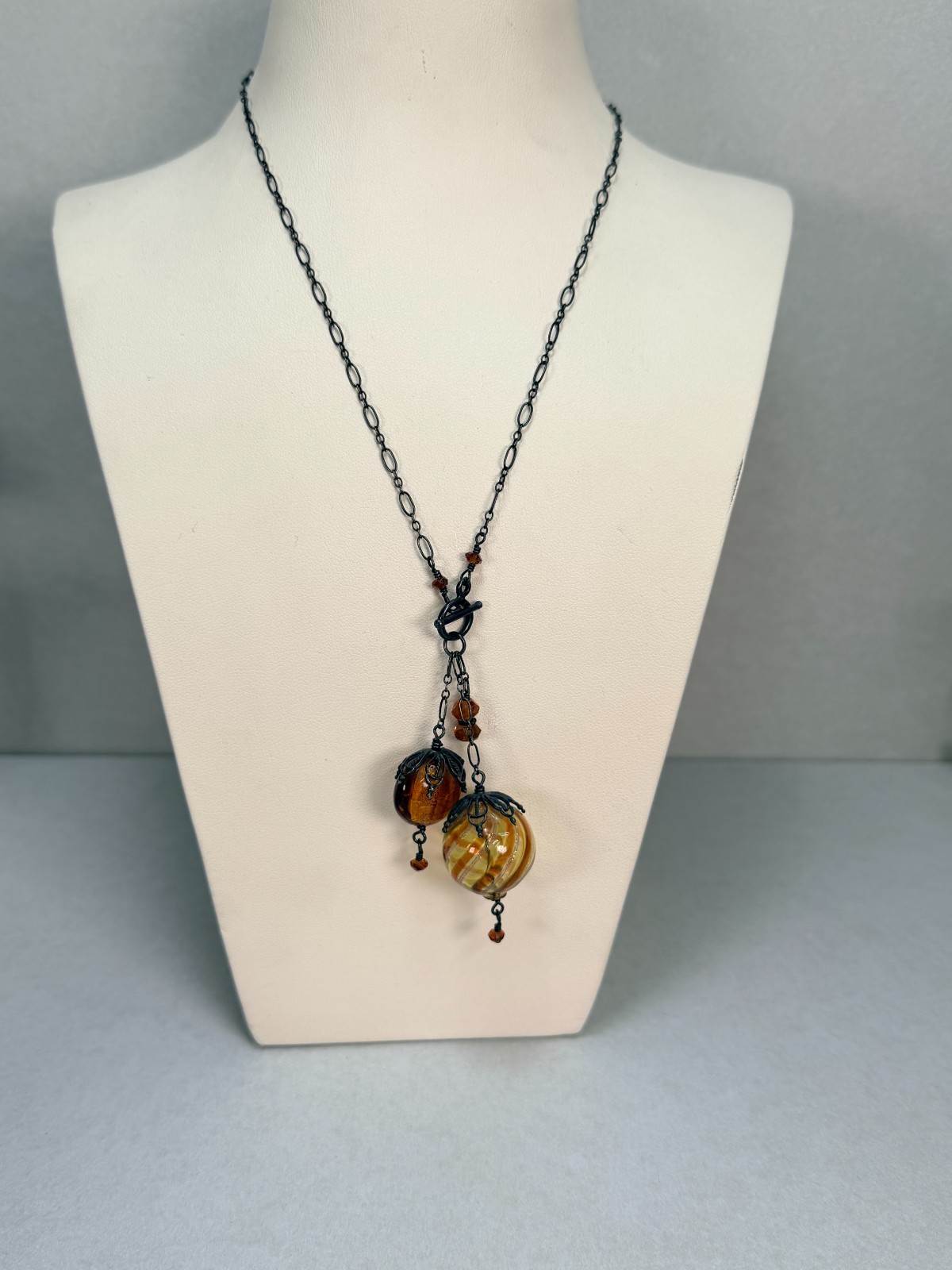Vintage Art Glass Pendant Necklace Amber Hand Blown Glass Gunmetal Chain