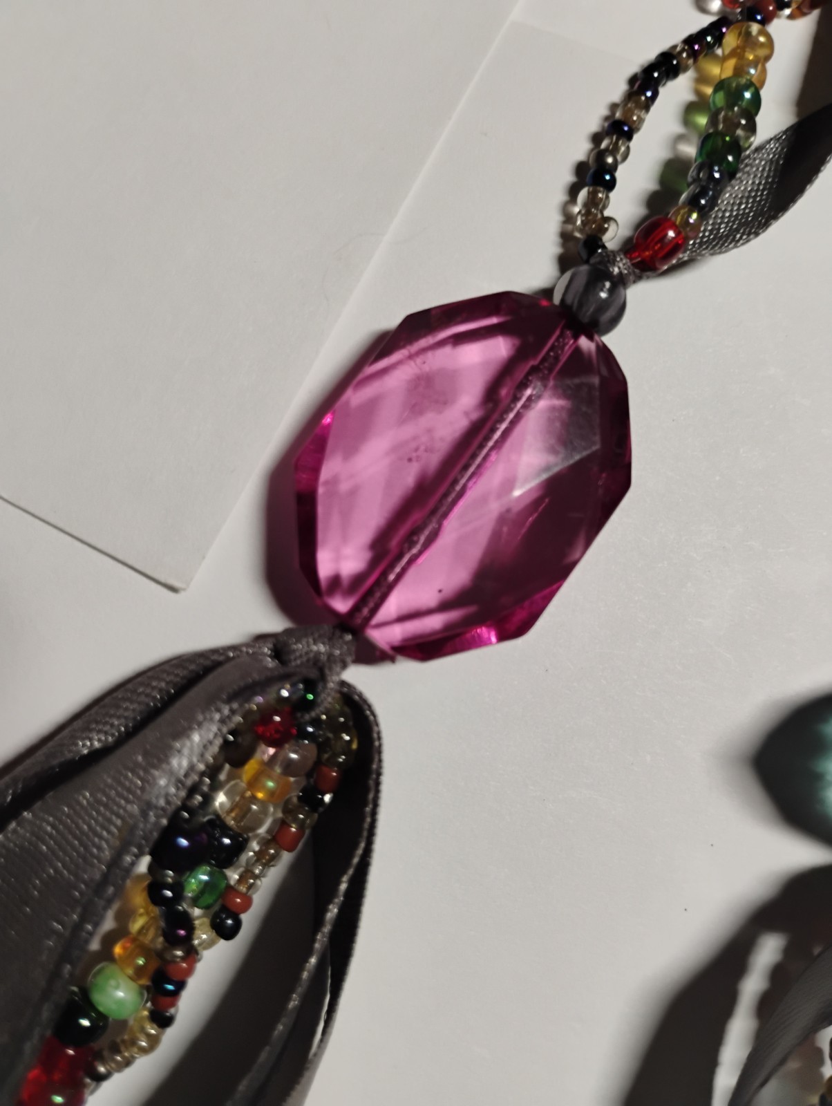 Unique Handmade Ribbon & Rainbow Bead Jewel Tone Floral Lariat 53″ Necklace