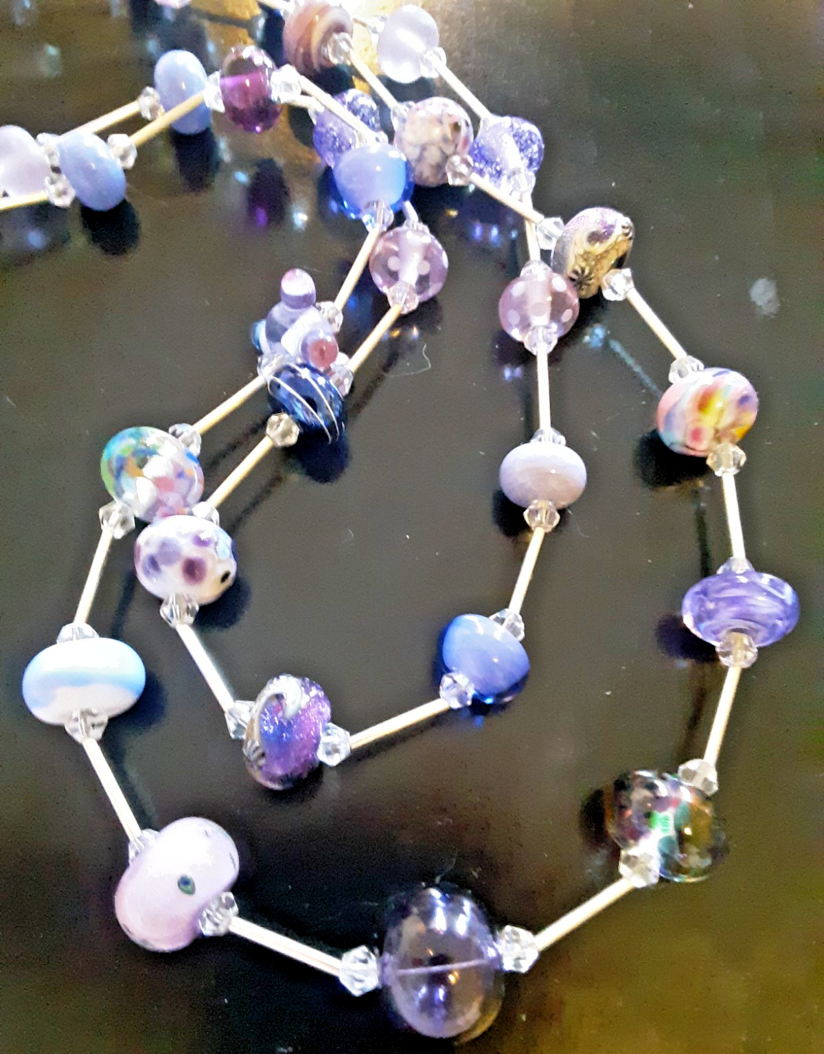 2 Strand GLASS TUBE BEAD NECKLACE Blue Purple Pink Sterling Silver Beads NEW 19″