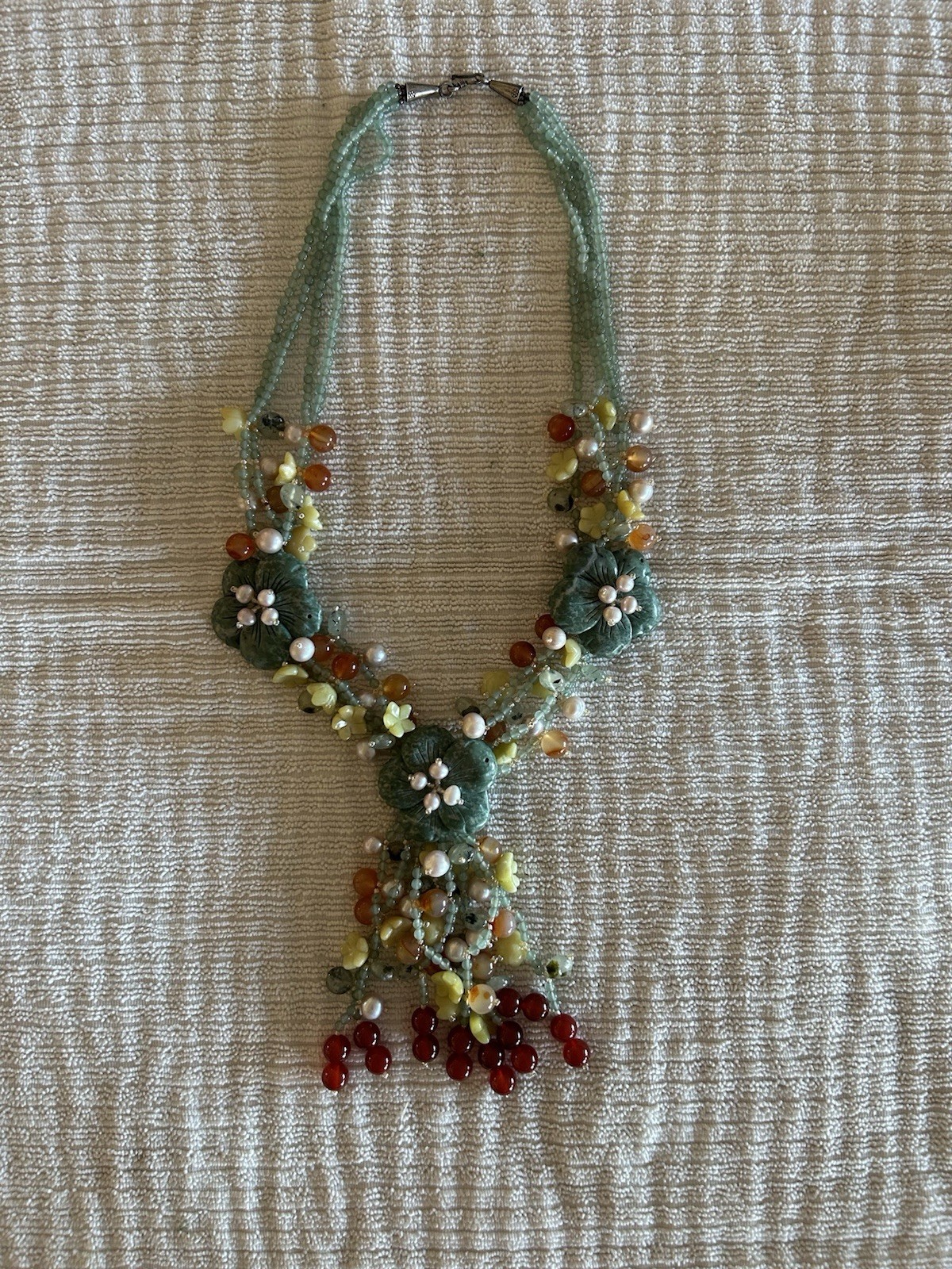Natural Stone Artisan Necklace One Of A Kind. Jade, Quartz, Carnellian And Pearl