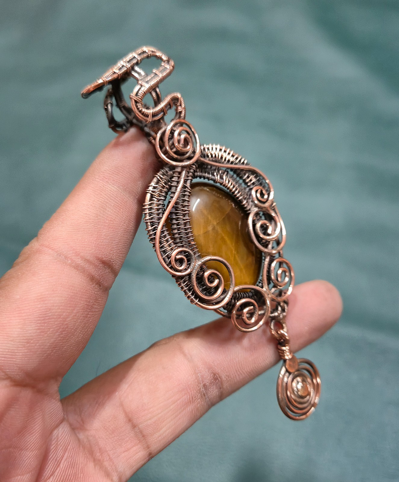Tiger Eye Copper Wire Wrapped Pendant Handmade Natural Gemstone Jewelry Gift