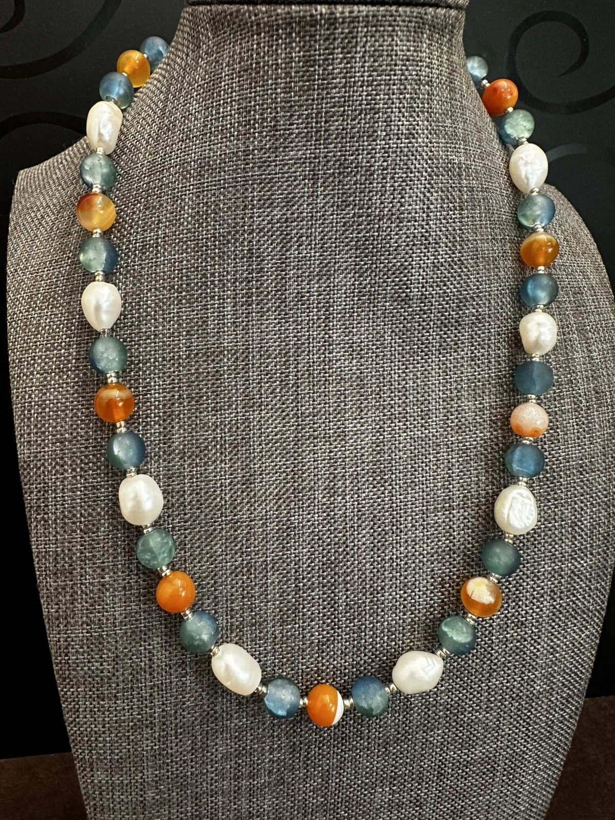 Elegant Blue, Orange & White Beaded Necklace – Women Jewelry