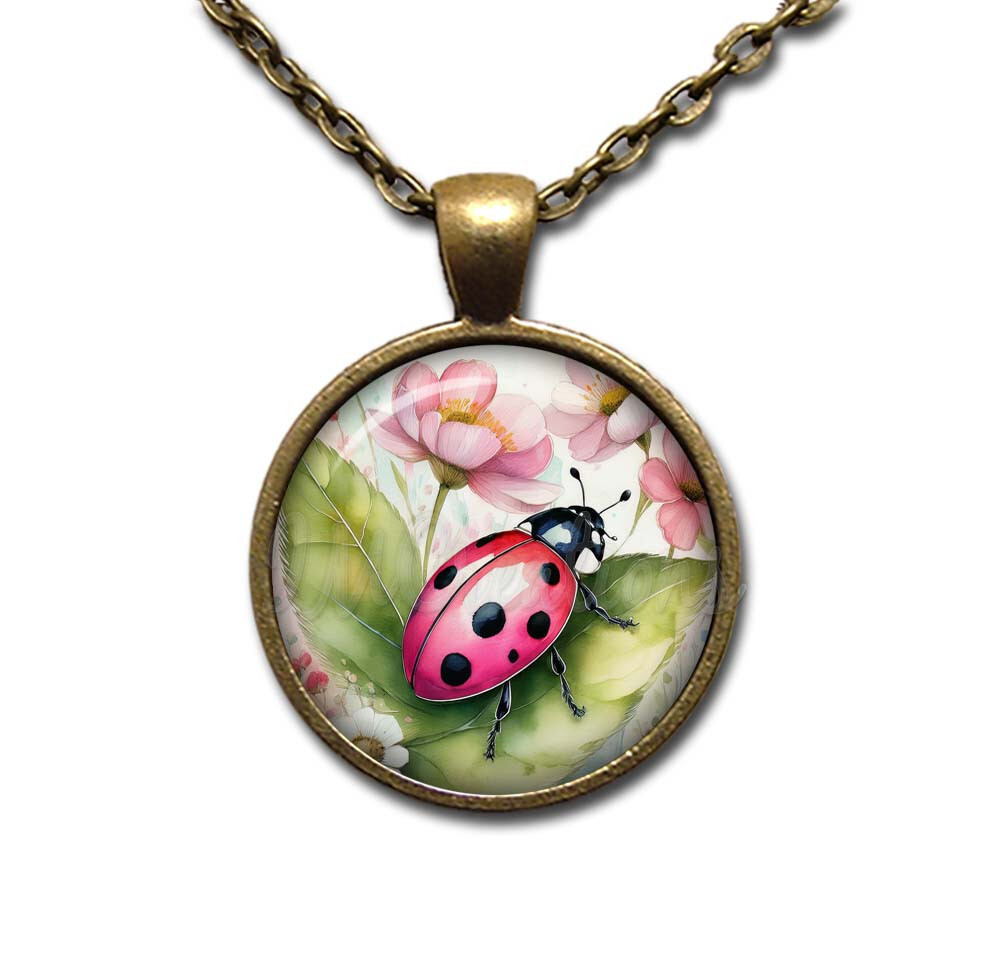 Watercolor Style Ladybug on Green Leaf – Handmade ROUND Glass Pendant Necklace