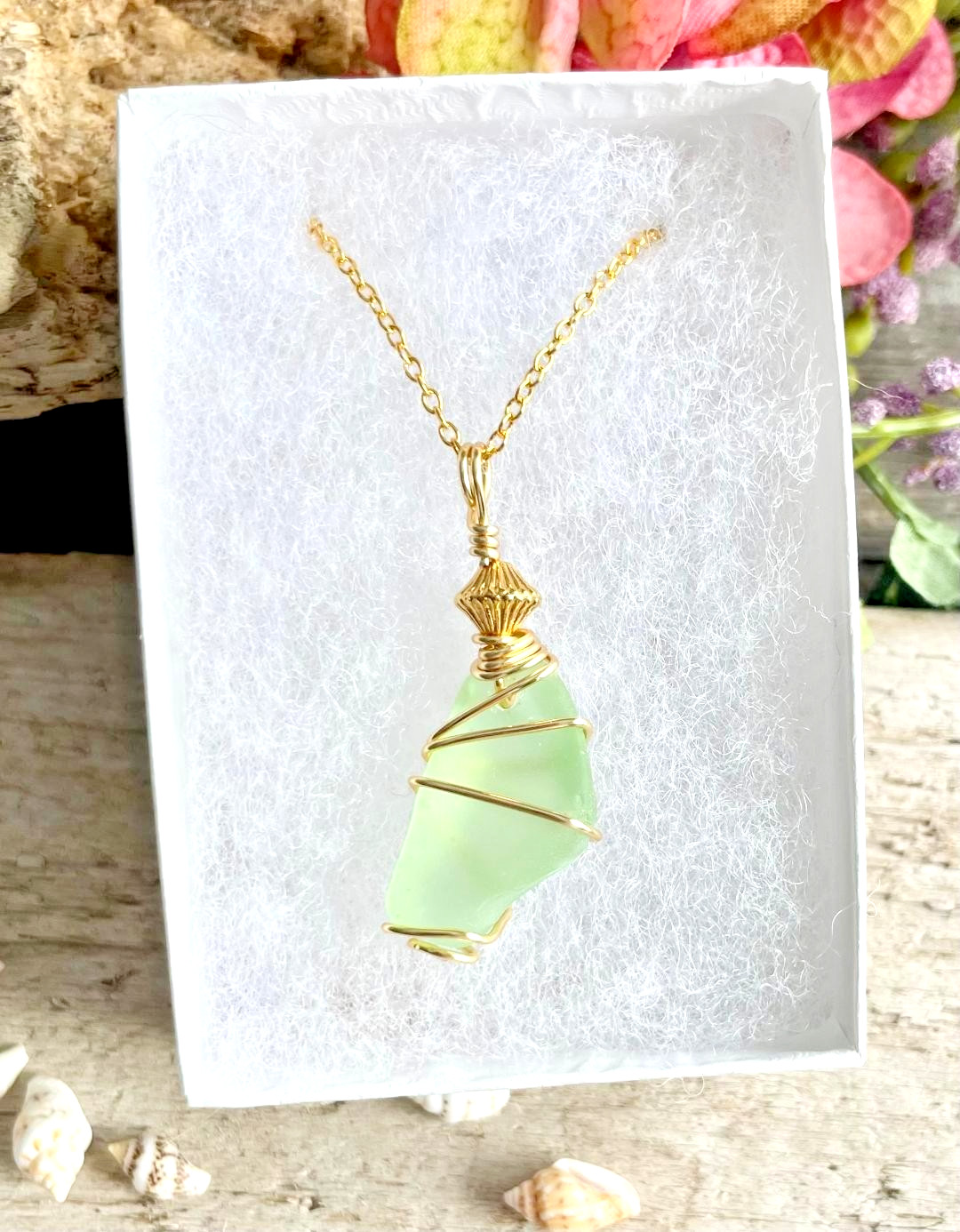 Woman’s Seafoam Sea Glass Necklace, 18K Gold Plated, Wire Wrapped, Jewelry Gift