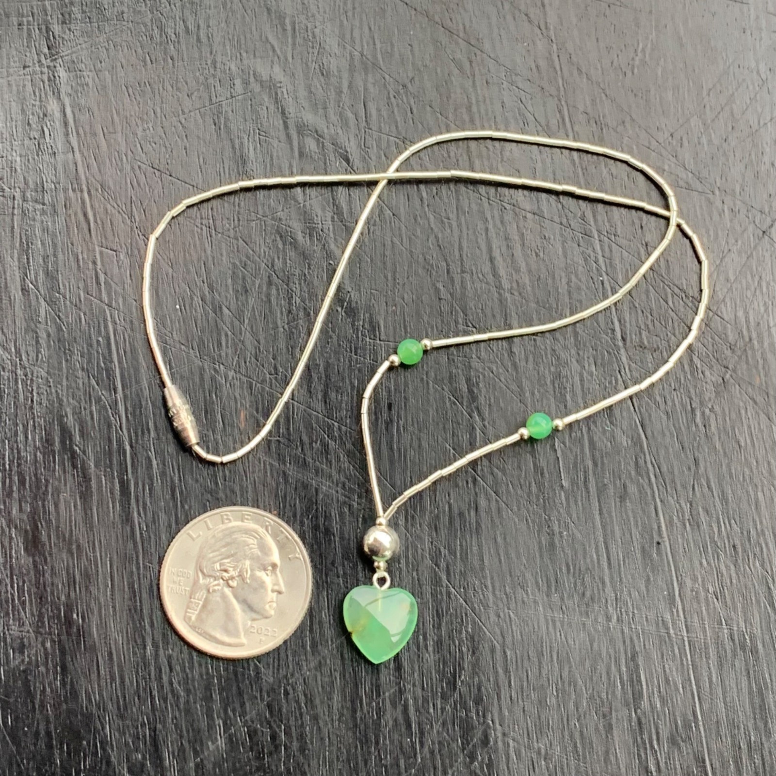 Nephrite Jade Heart Pendant Necklace Liquid Sterling Silver Y Drop 16″ Lariat