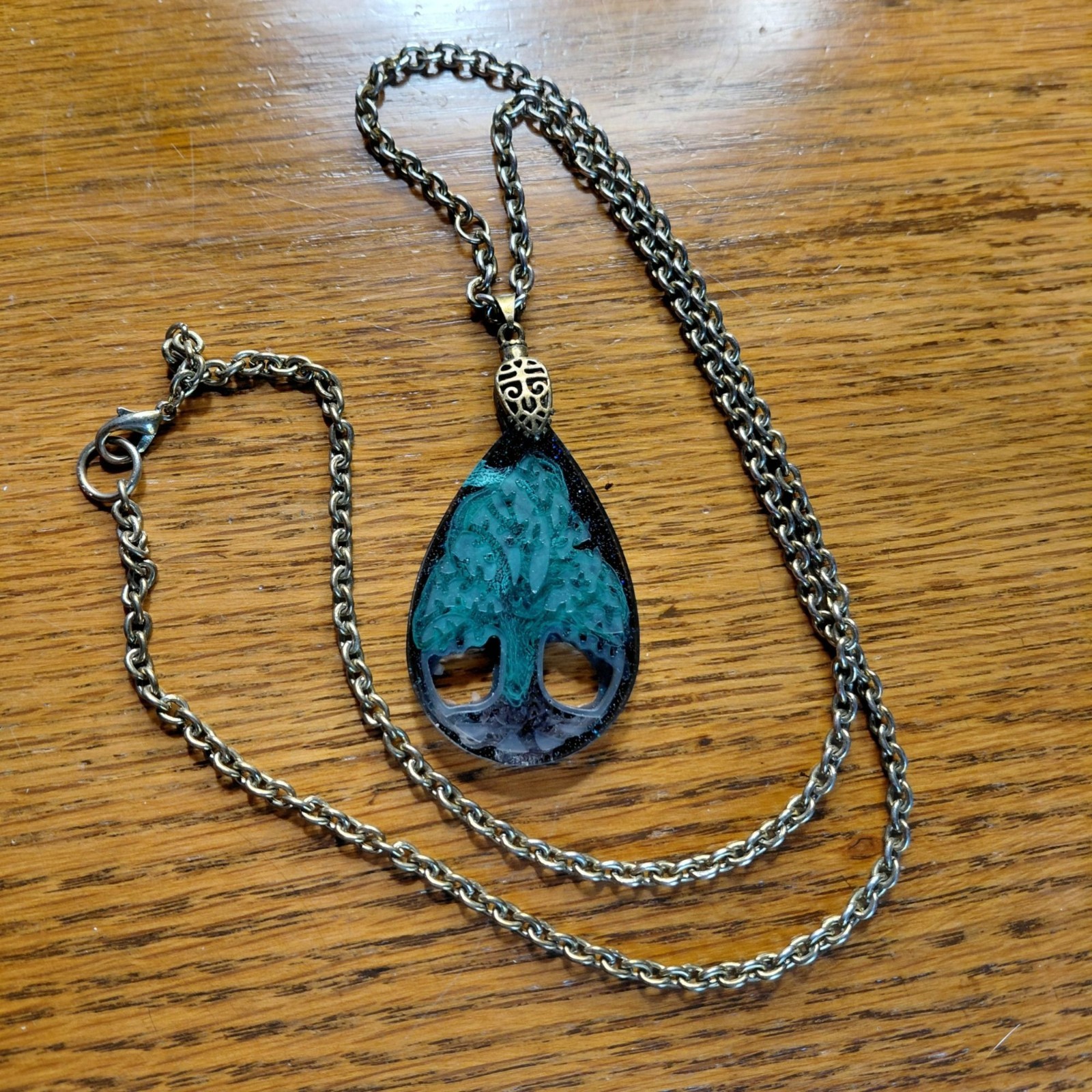 Tree of life resin pendant on chain fancy bale bronze tone