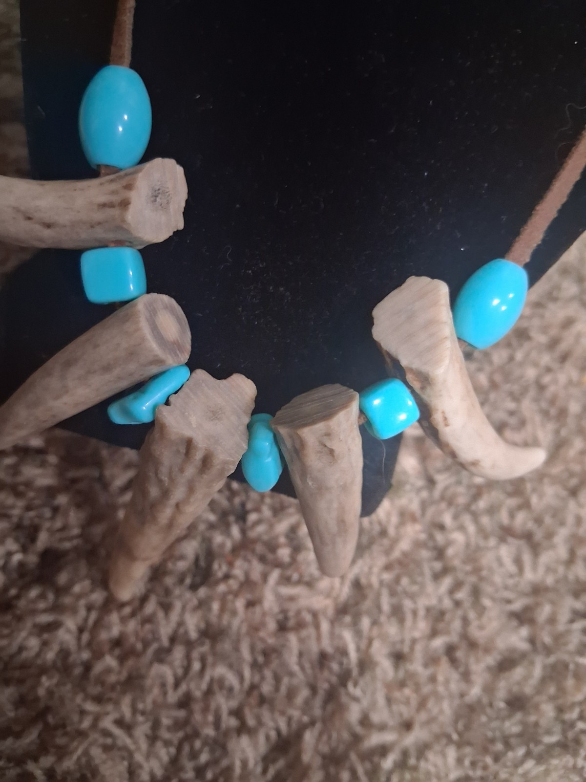 Hand Made 5 Deer Antler Tip 22″ Leather Cord Necklace w/ Turquoise Stone & Beads