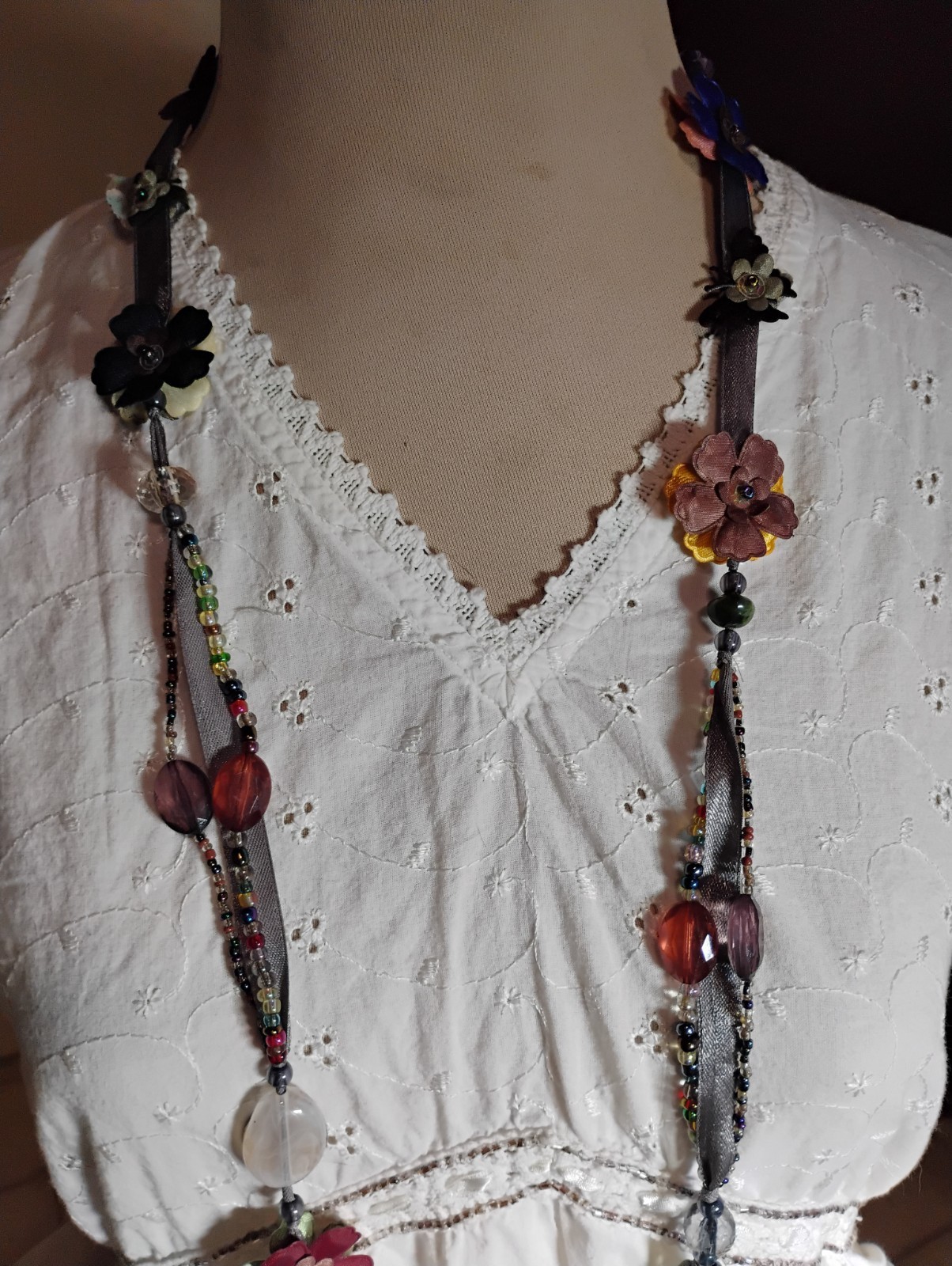 Unique Handmade Ribbon & Rainbow Bead Jewel Tone Floral Lariat 53″ Necklace