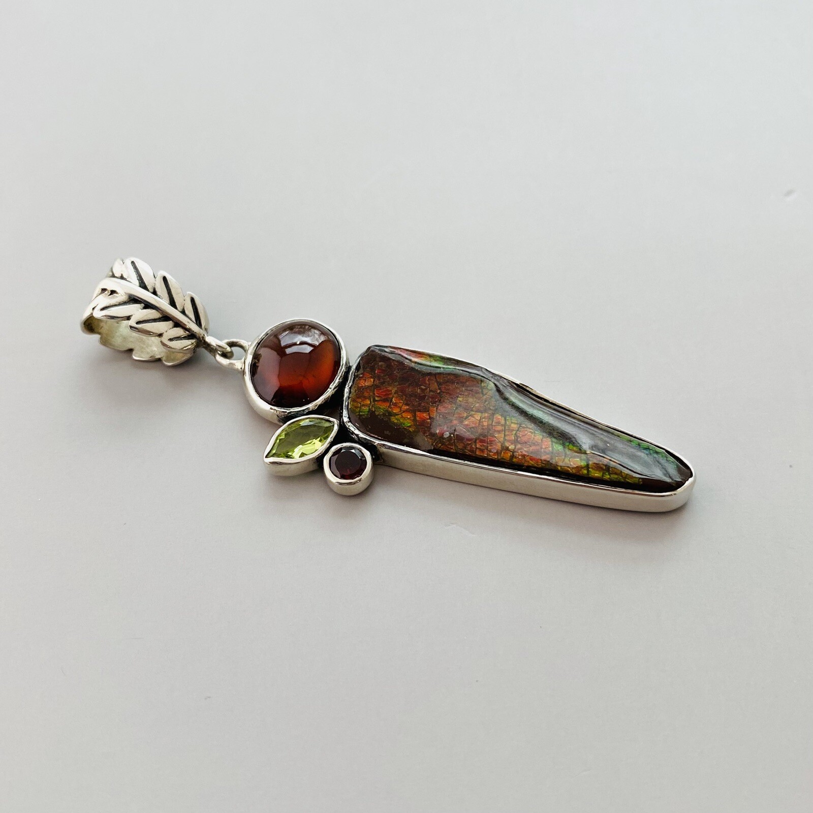 Hessonite Garnet Ammolite Gemstone Sterling Silver Organic Teardrop Pendant