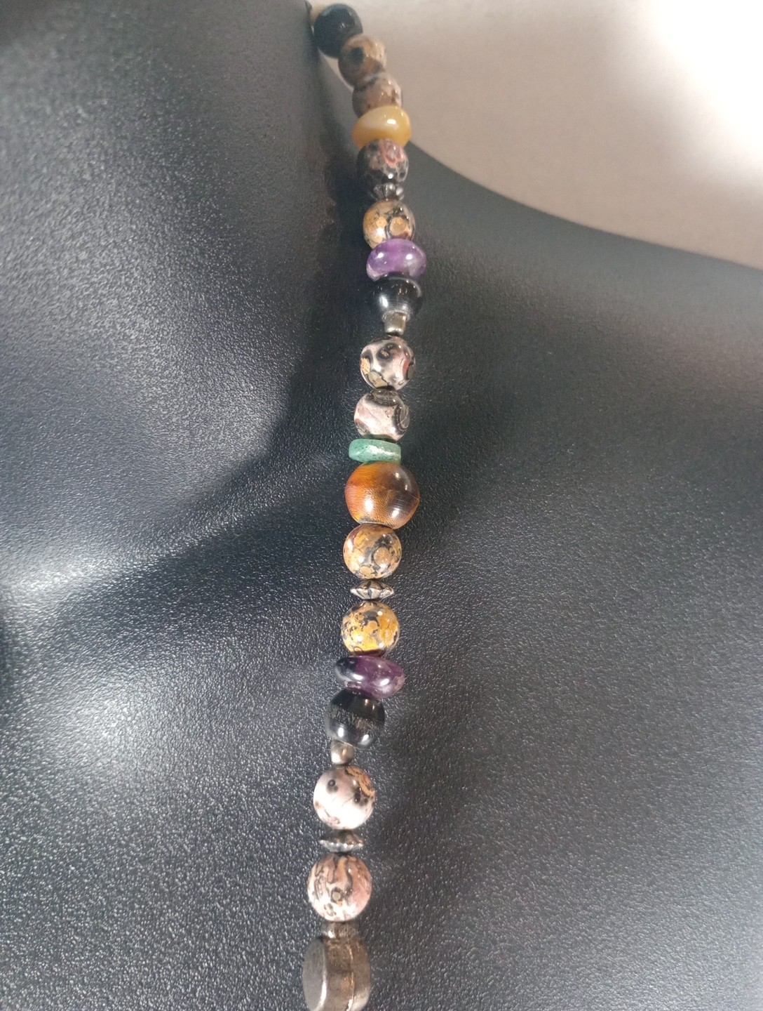 Long Earth Tone Beaded Necklace Brown Black Jasper Look Artisan Boho Statement