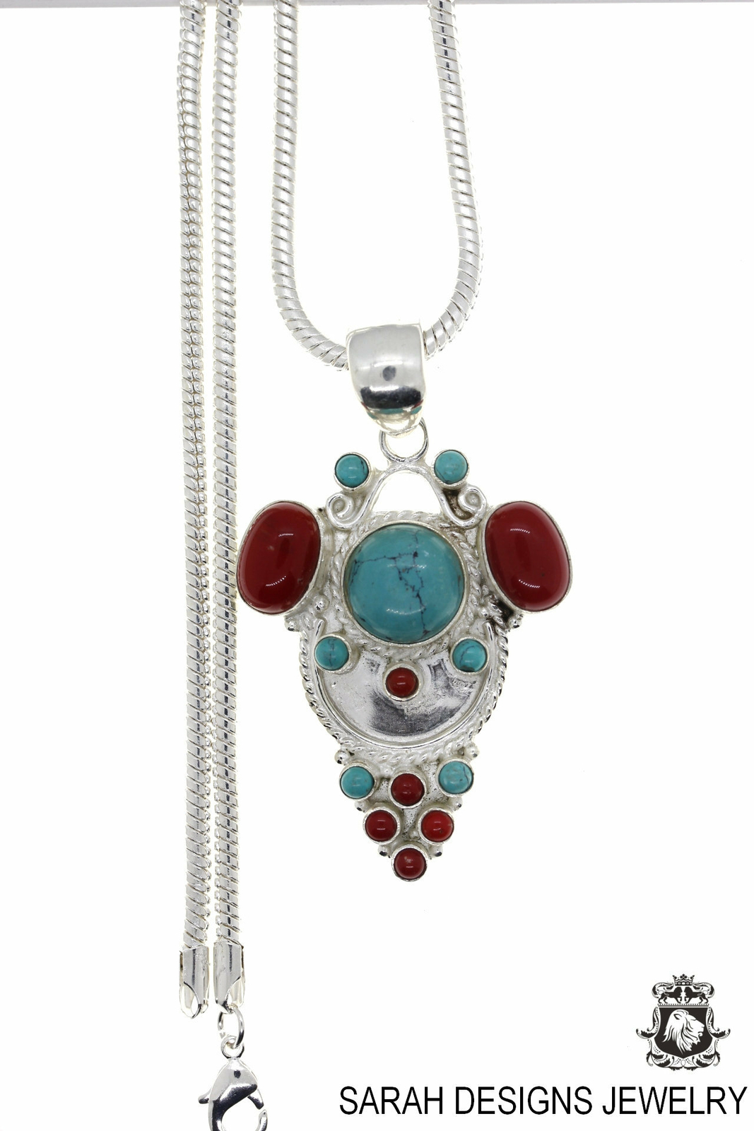 Turquoise and Coral Pendant 4mm Snake Chain P4458