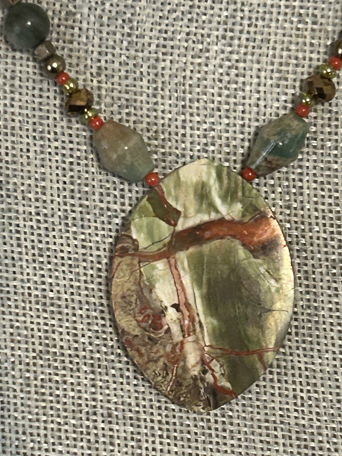 Jasper Sandstone Necklace Pendant Glass Beads Wired Gemstone Chocker 16’