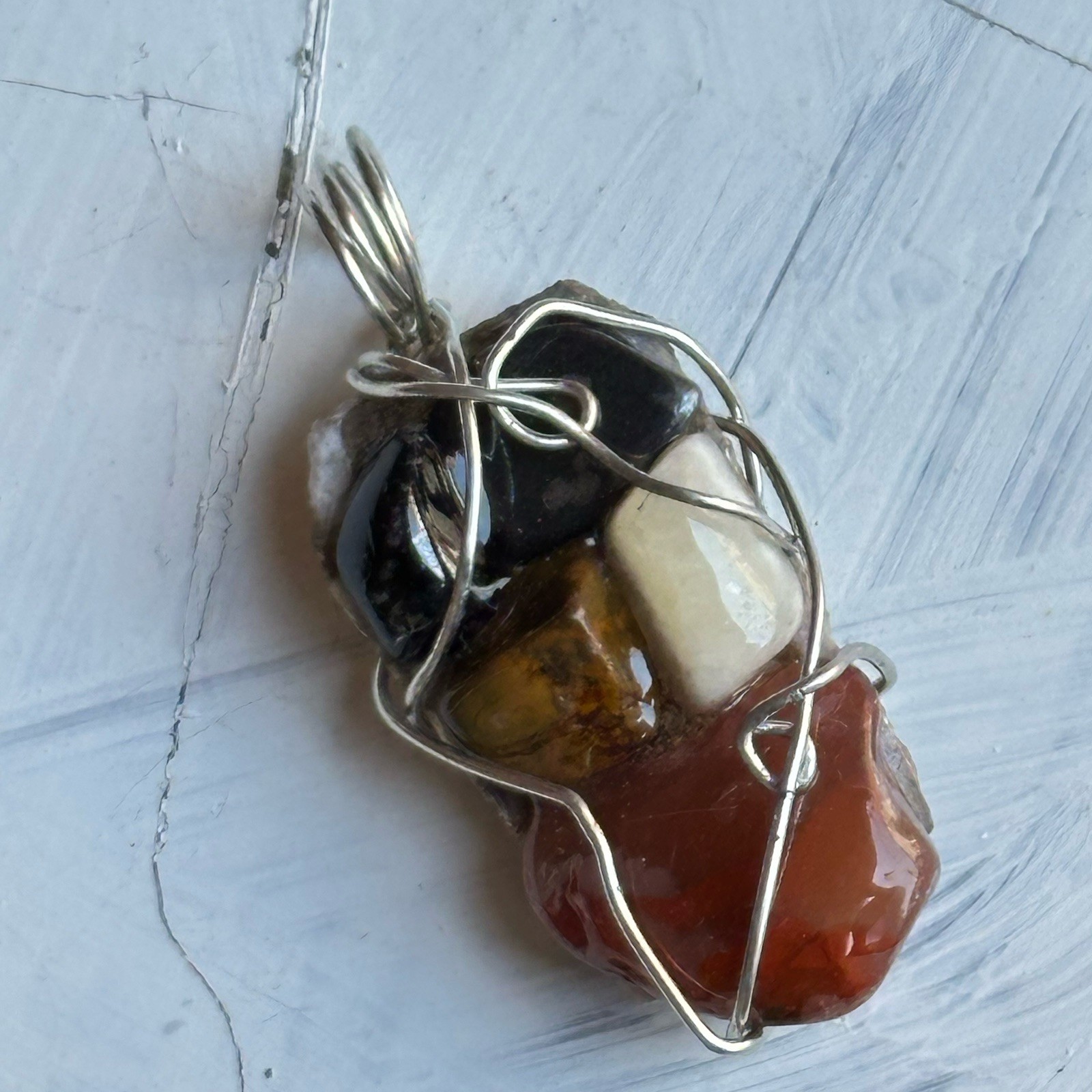Handmade Pendant Natural Rock Stones Cluster Wire Wrapped Necklace OOAK 4300 G