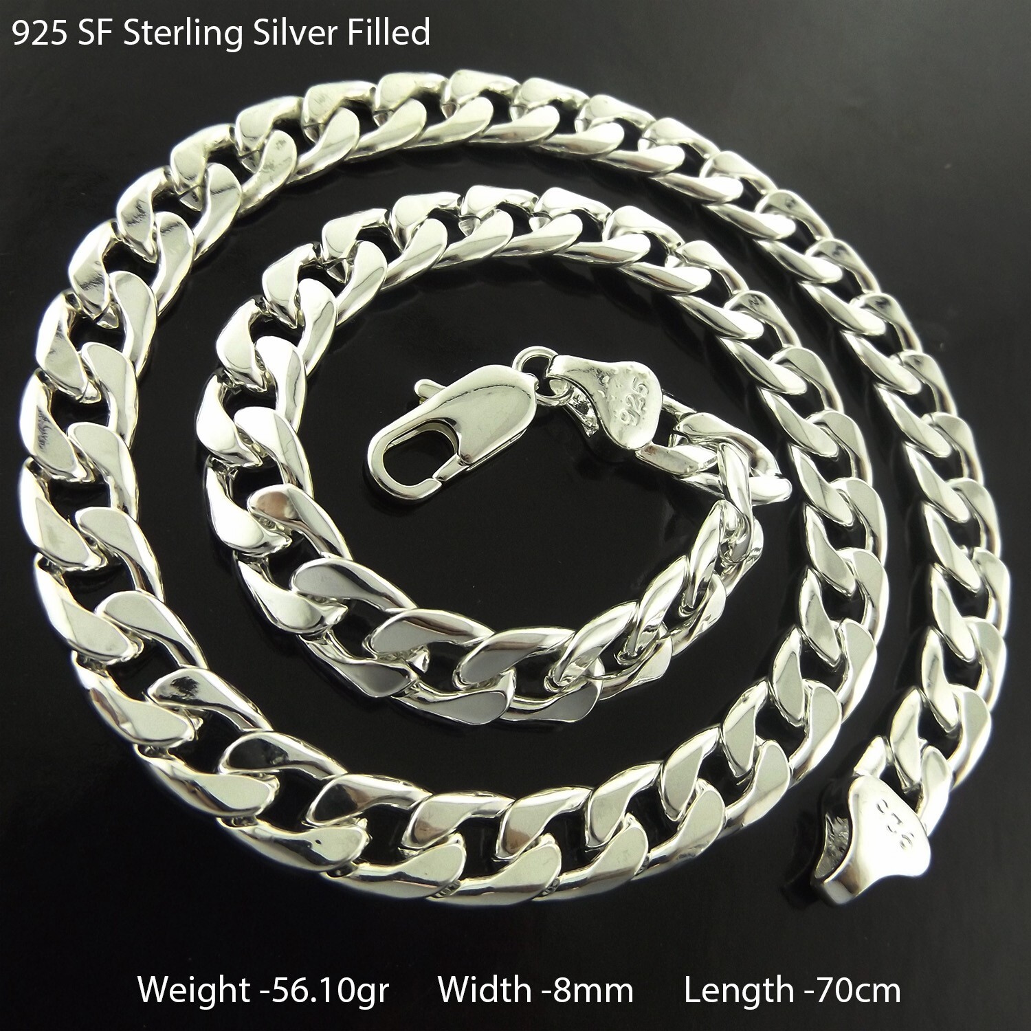 Necklace Real 925 Sterling Silver Filled Solid Men’s Cuban Link 8mm Chain 70cm