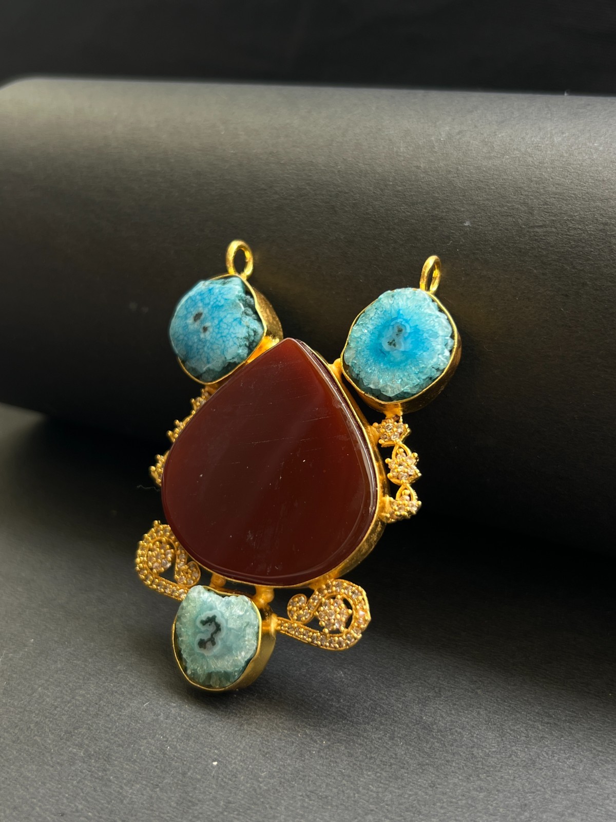 Designer Pendant Red Agate & Blue Druzy | Gold Plated Luxury Statement Jewelry