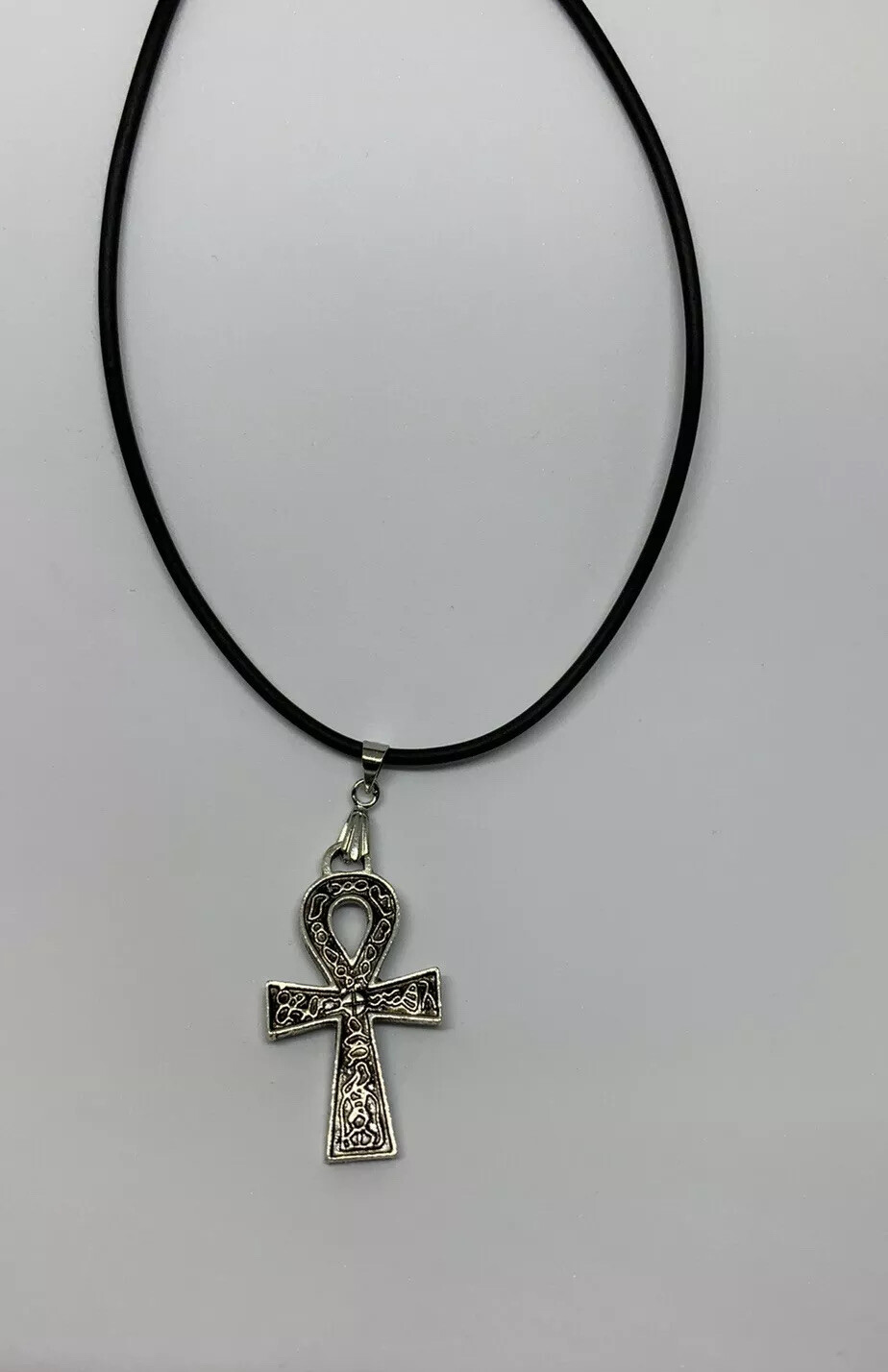 Unisex Fashion Black PVC Cord And Alloy Ankh Pendant Choker Necklace