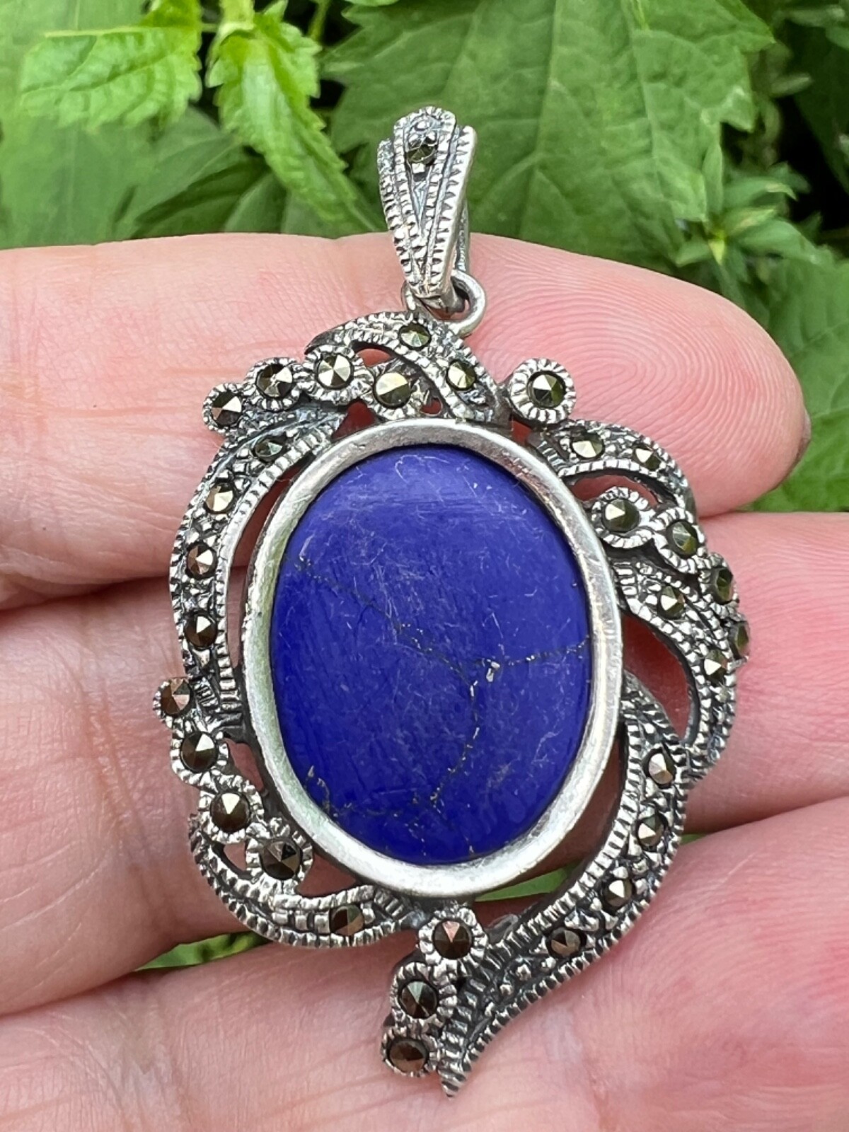 DESIGNER 925 STERLING SILVER LARGE LAPIS & MARCASITE NECKLACE PENDANT HALLMARKED