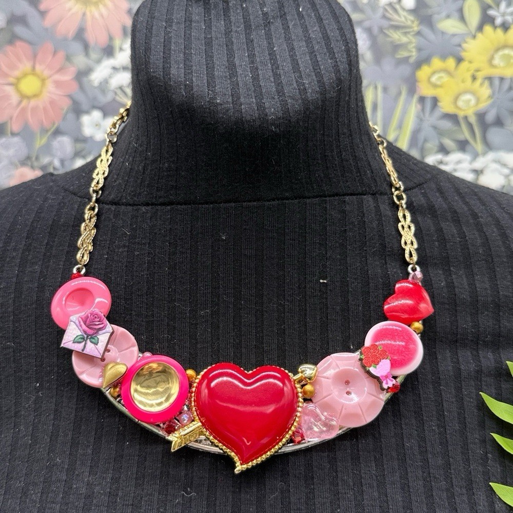 Adorned Crown Jewelry assemblage hearts ablaze pink red bib necklace