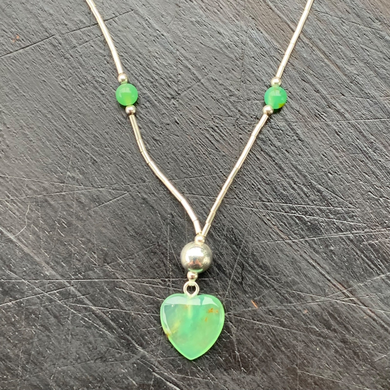 Nephrite Jade Heart Pendant Necklace Liquid Sterling Silver Y Drop 16″ Lariat
