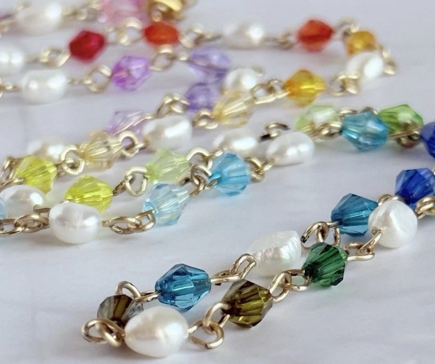 Artisan Cultured Freshwater Pearl Necklace Rainbow Ombré Faceted Beads 30”