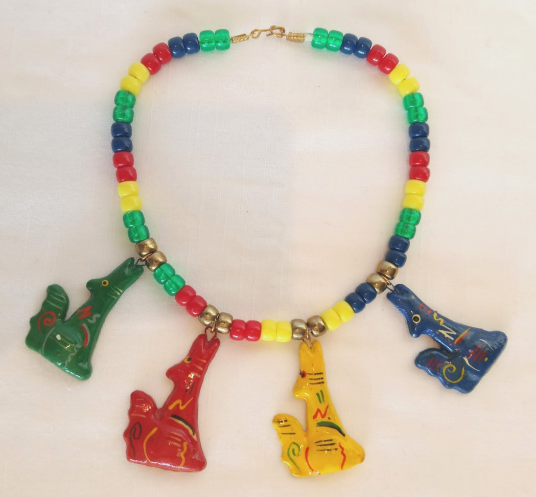 Plastic Beads and Wood Coyotes Necklace w Leather Cord