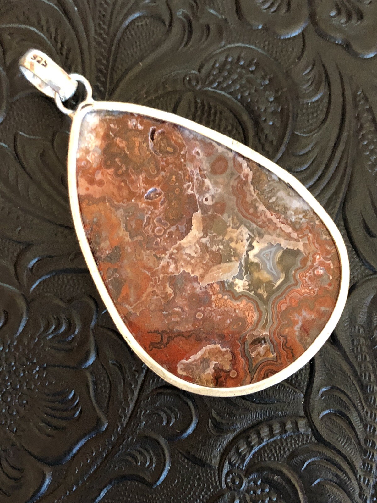 Huge Red Gray White Agate Teardrop 2.5” Pendant