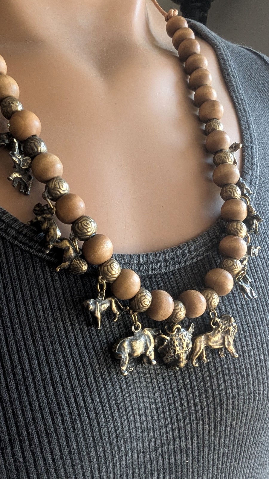 African Animal Charm Pendant Necklace Brass Lion Rhino Cheetah 24″ Handmade