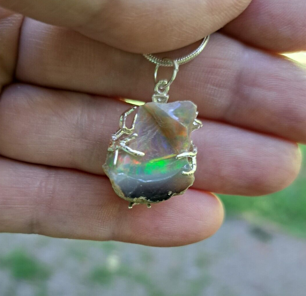 Unique Dark Ethiopian Welo Opal Rough Pendant Silver Plated Tree Branch Wrap