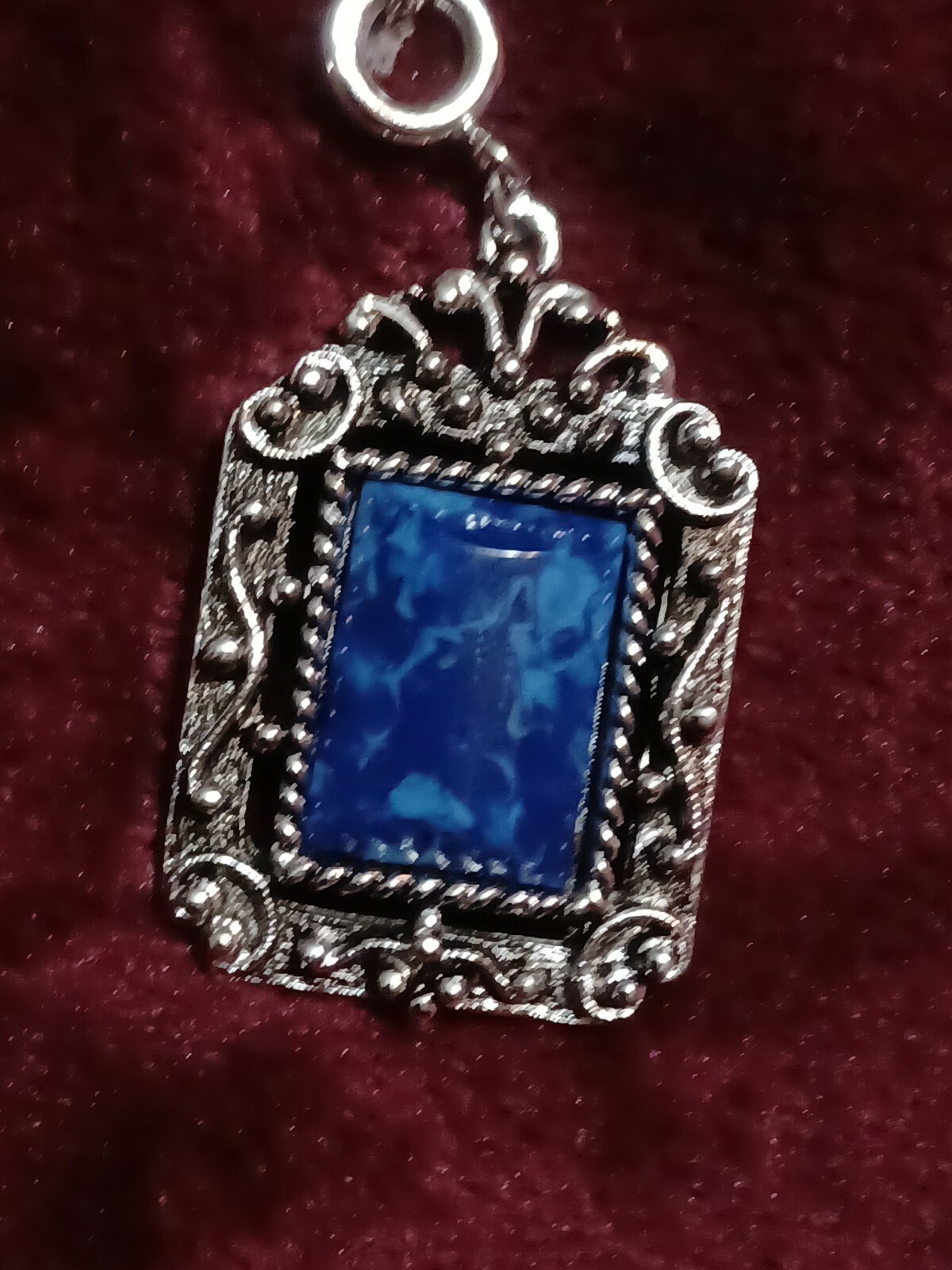 sarah coventry Blue Swirl Glass Cabochan Silver Necklace Long Reversible