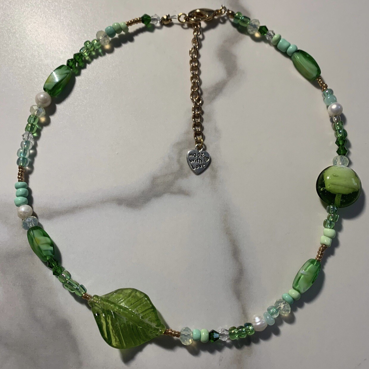 One Of A Kind Green Handmade Glass Beaded Necklace With Pearls