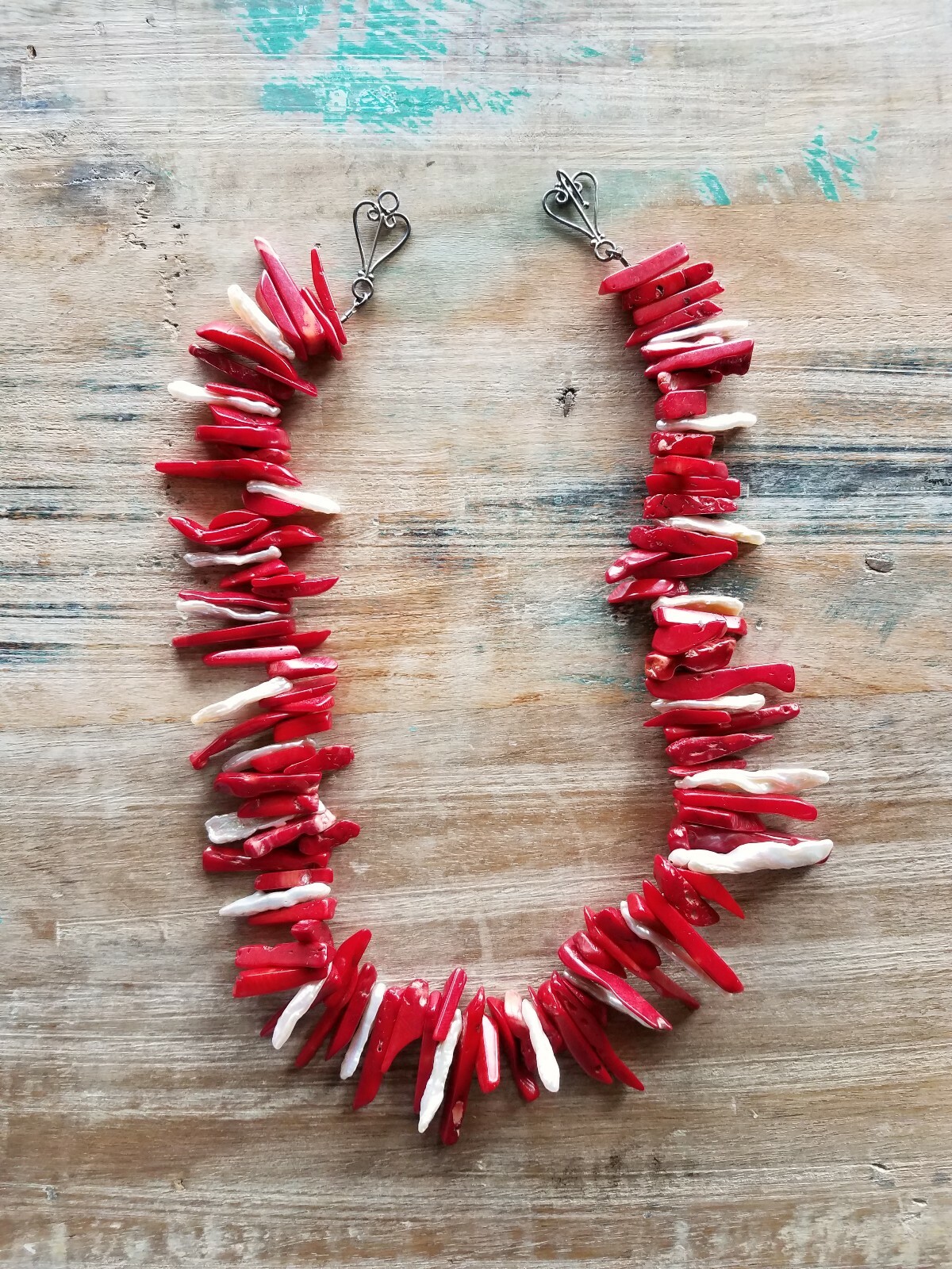 Chunky Dyed Red Bamboo Coral Freshwater Pearl Spikes Strand Necklace 20.5″