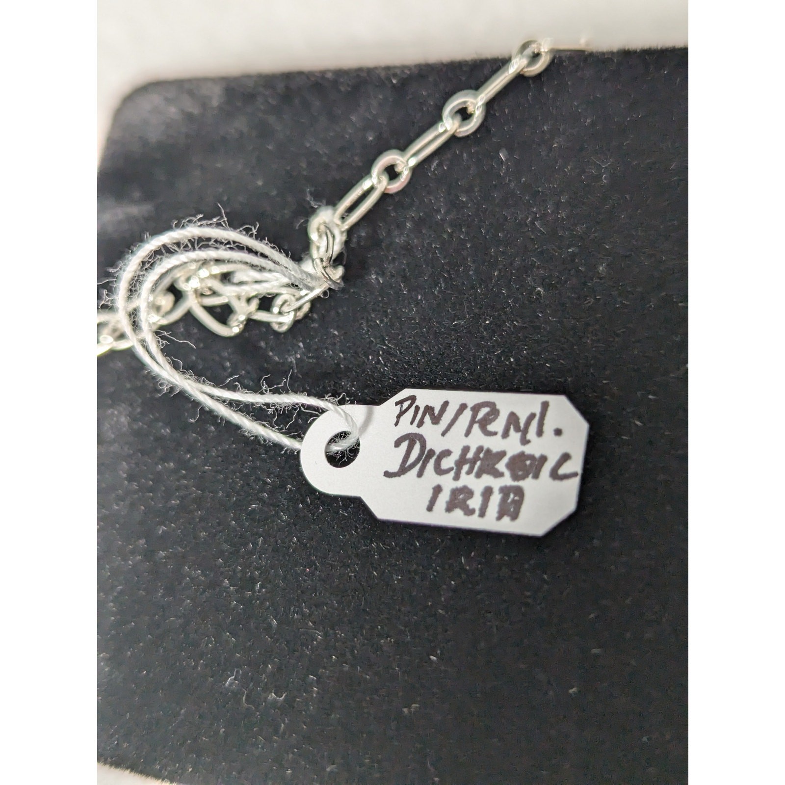 White fused + iridescent glass aurora Pin/Pendant SP 20″ chain 11/4″ x 1 3/4″