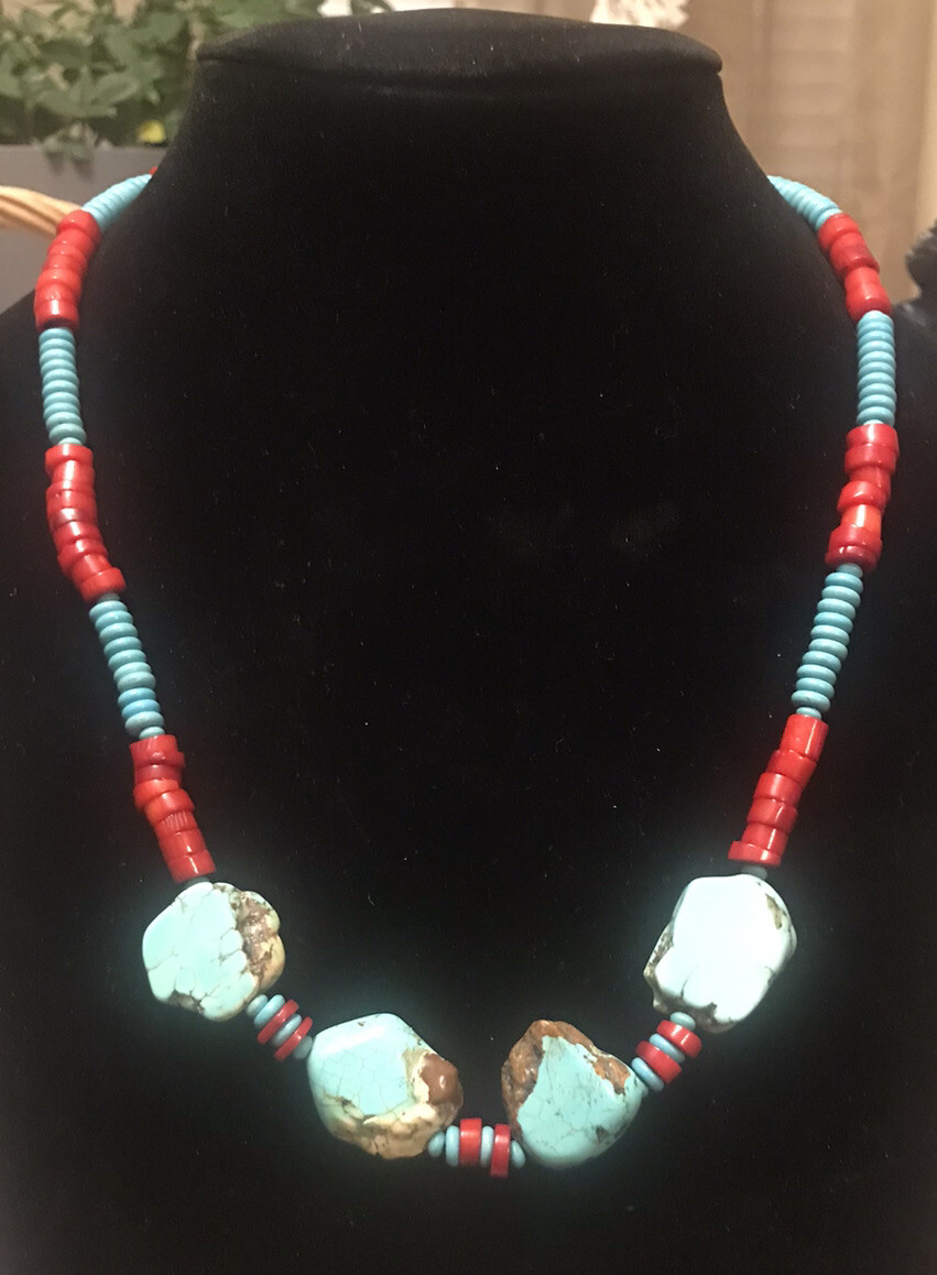 Native American Heishi beaded sterling silver.925 clasp Turquoise Slabs/ Coral