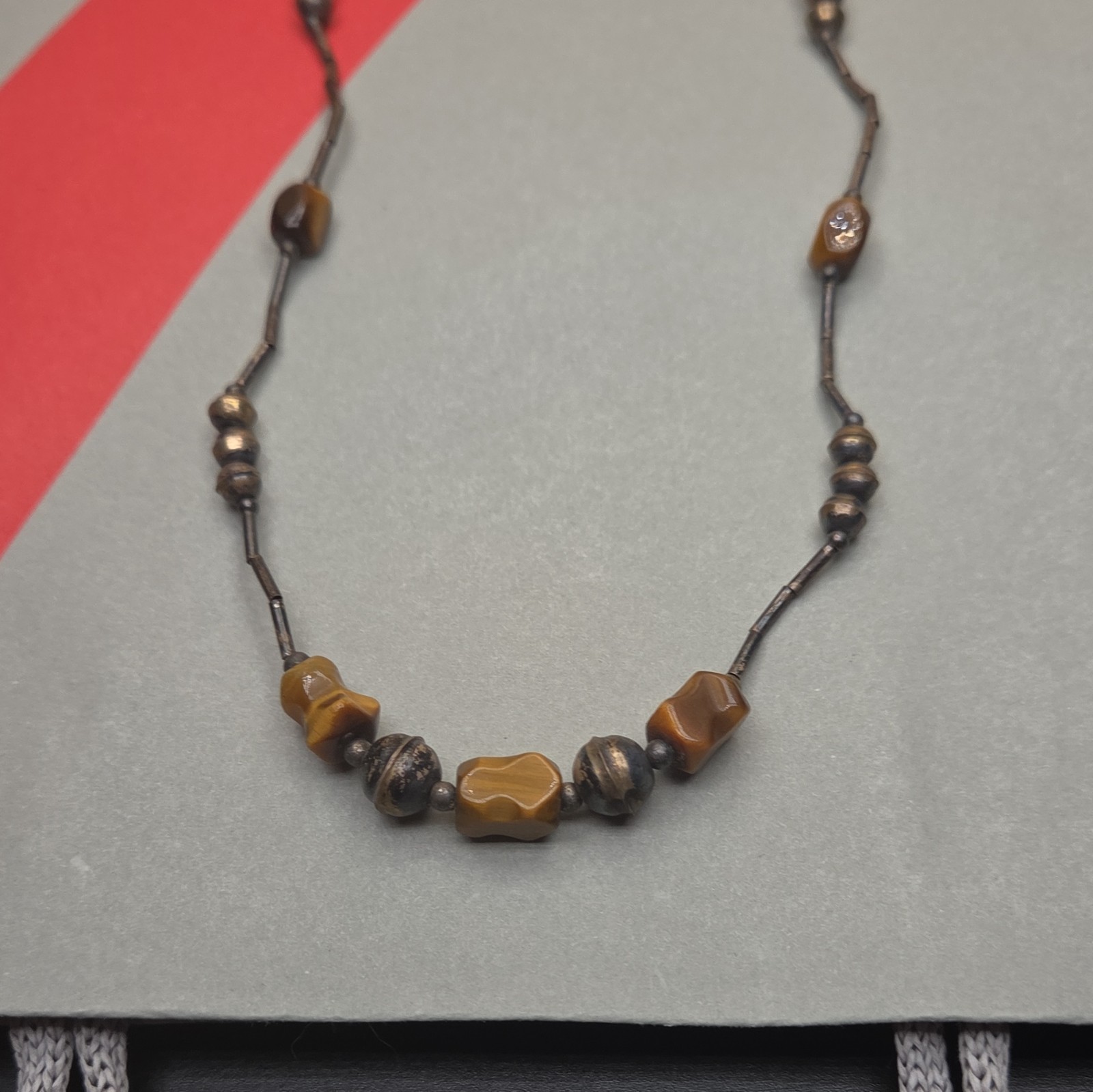 Vintage Metal And Brown Beaded Necklace with Irregular Stones