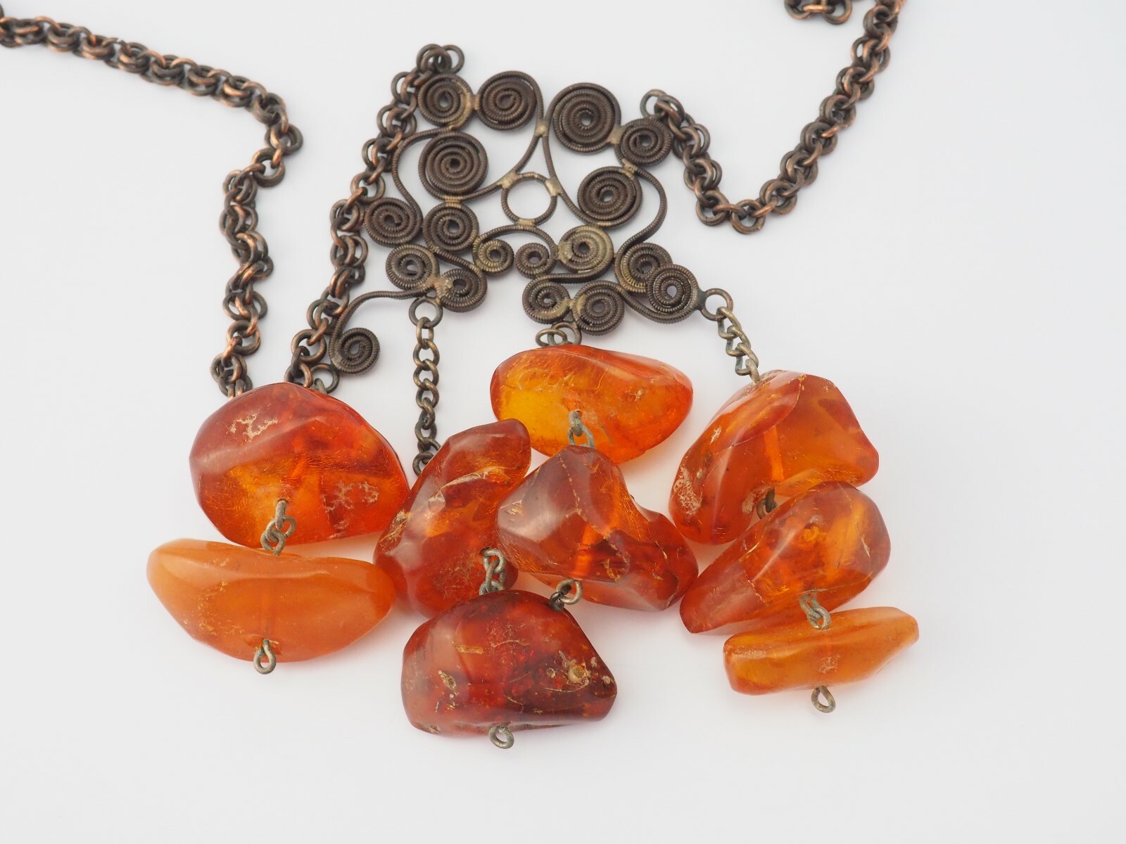 Vinage handmade ethnic genuine Baltic Amber long copper chain ornate necklace