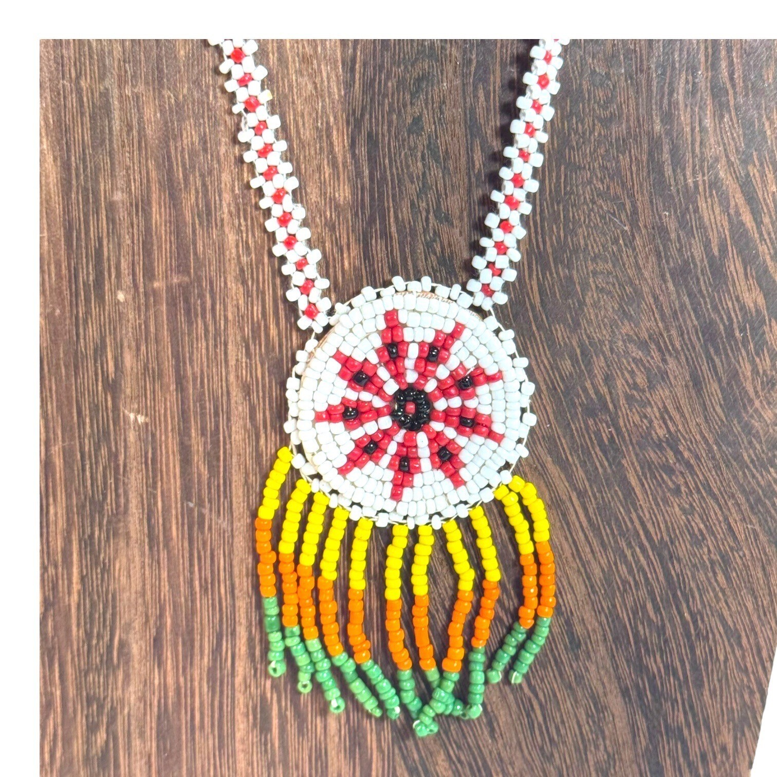 Handmade Starburst Beaded Necklace With Colorful Floral Pendant & Fringe Design