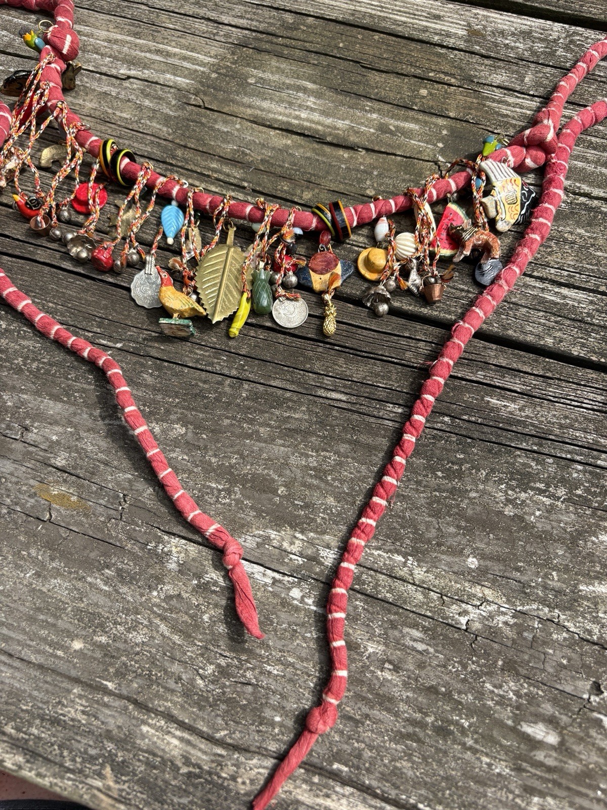 Handcrafted Natural Charms & Beads Necklace Artisan Boho On Fabric Cord