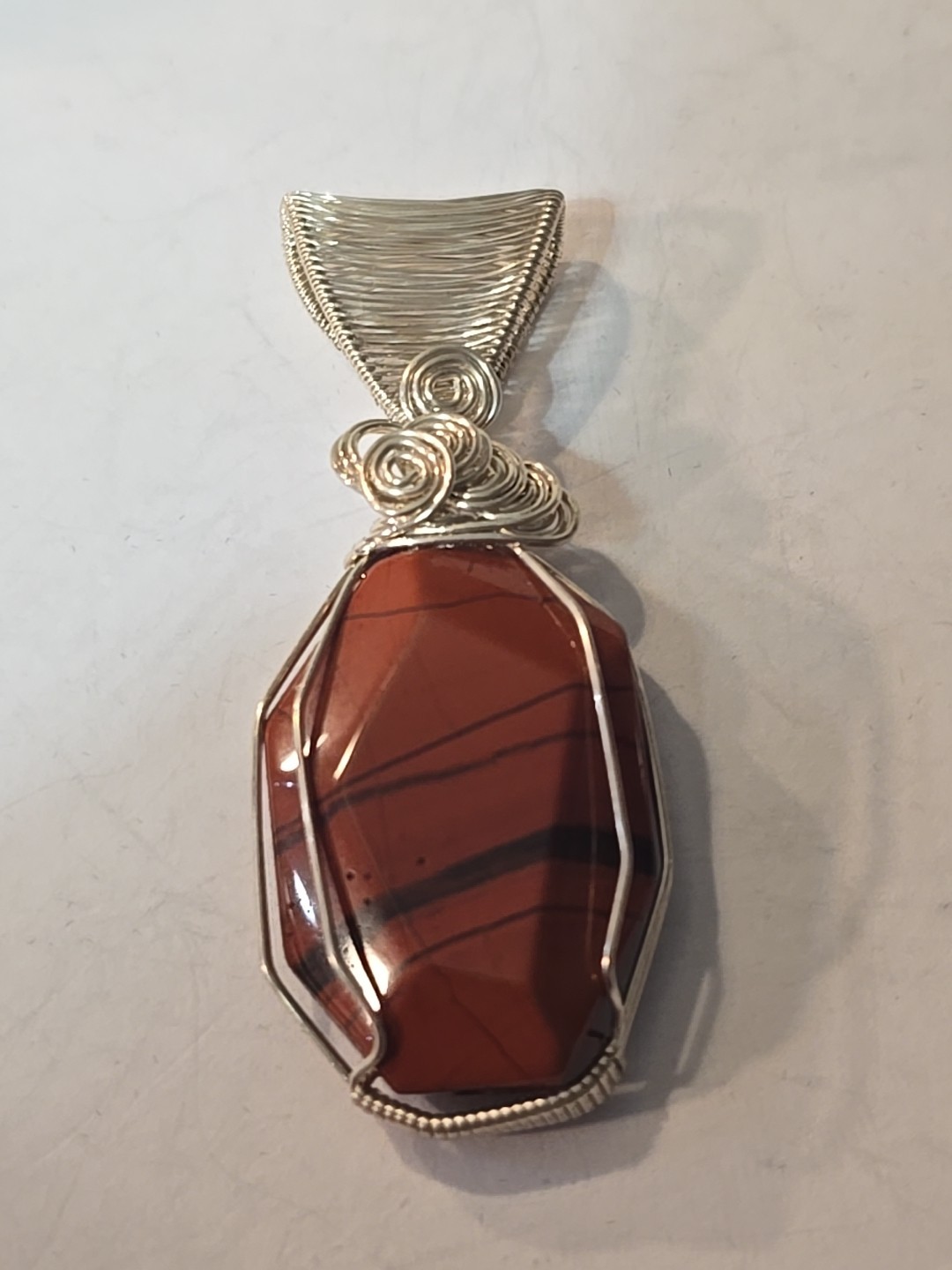 Red Jasper Agate Wire Wrapped Sterling Silver Pendant Necklace Unisex Adults