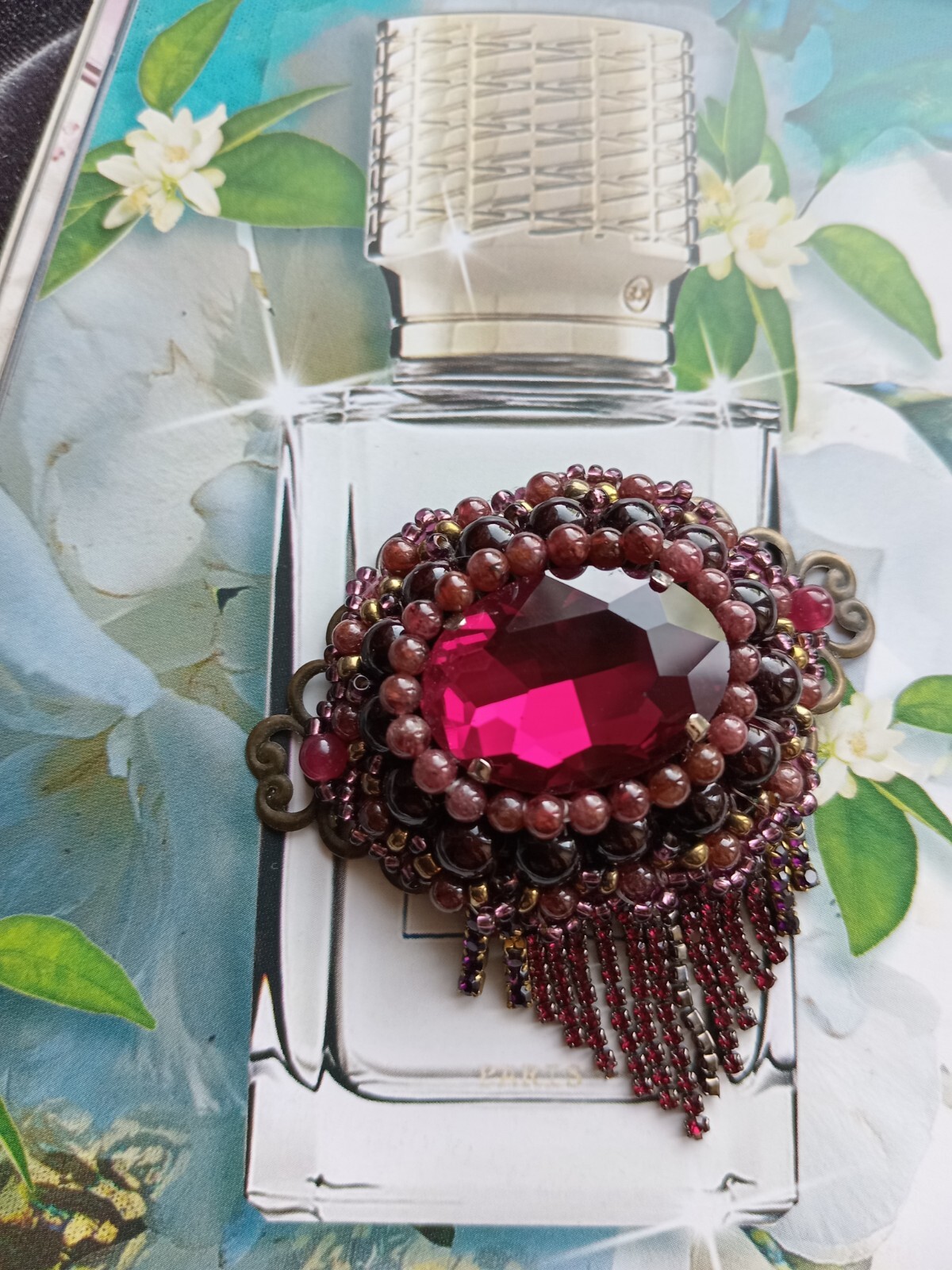 The original handmade pendant. Embroidery with garnet, spinel, rhinestones, bead