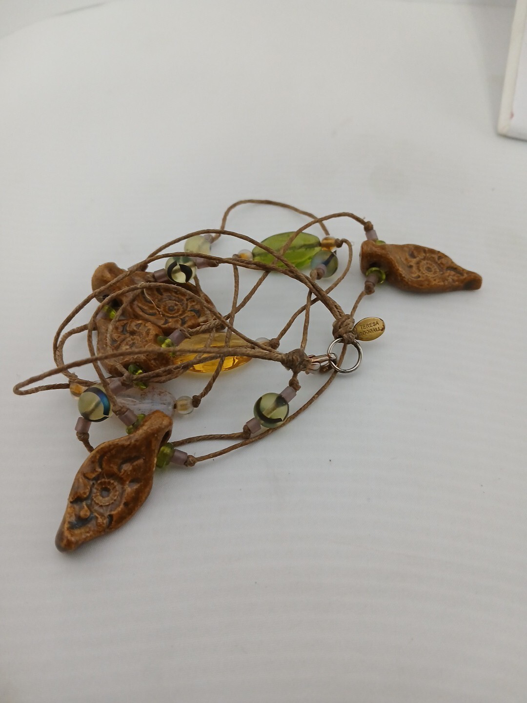 TERESA GOODALL handcrafted glass ceramic multi shape beads hemp cord necklace