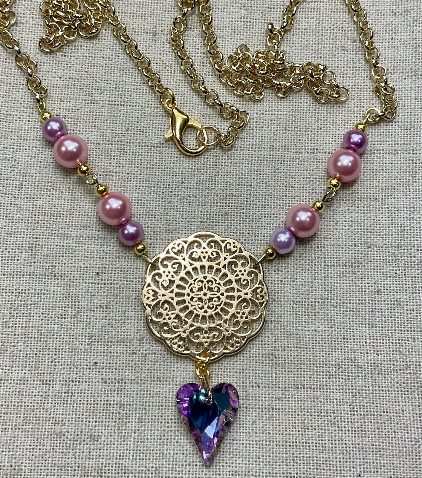 Vintage style Necklace-Faux Pearl Beads,Pink & Purple,Gold Tone,28”, Glass Heart