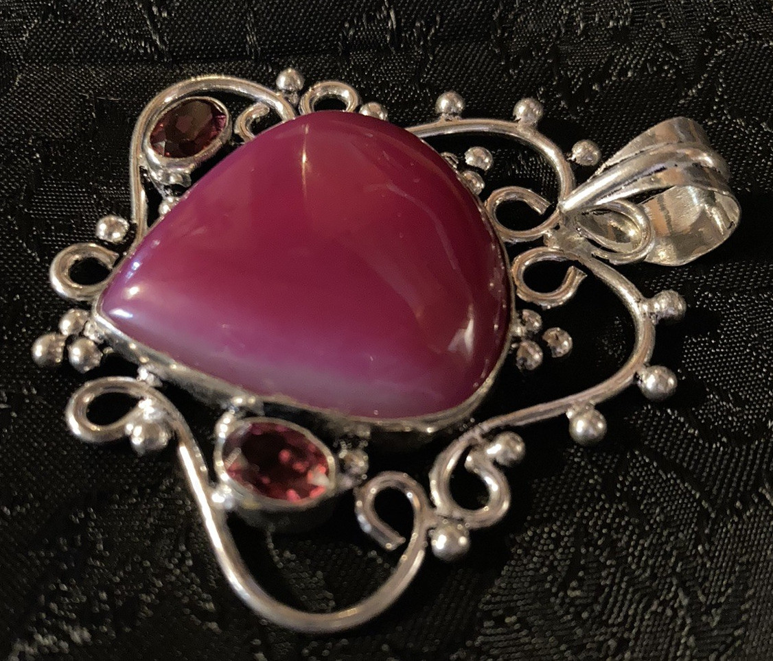 Ornate Sterling Silver Artisan Pendant – Pink Agate & Red Garnets