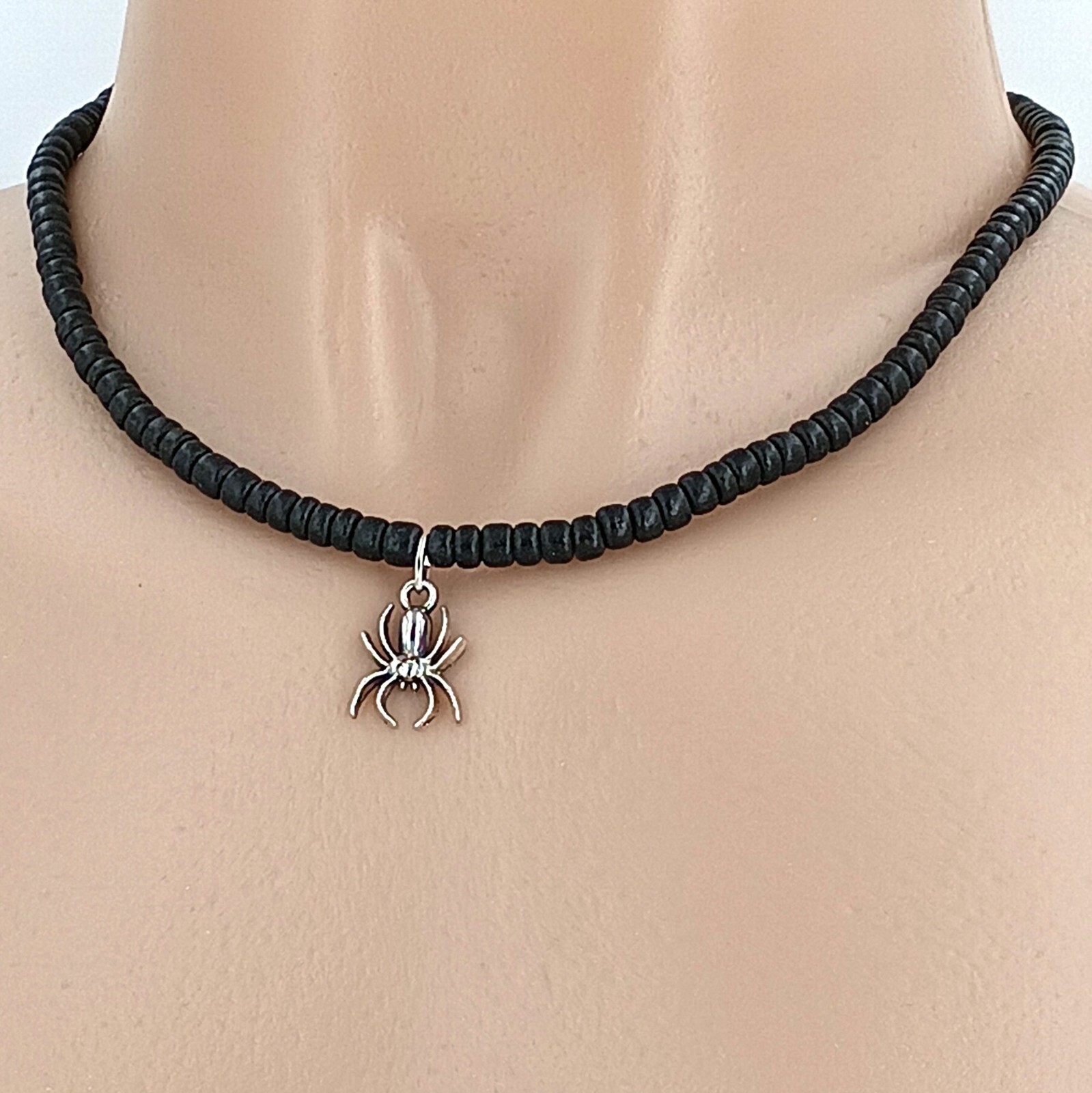 Silver Spider Necklace Black Coconut Beads 18, 21, 24 Inches 7052-328