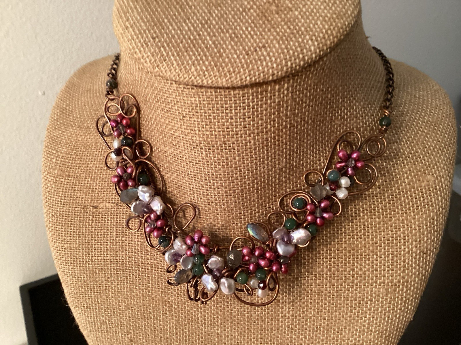 Choker Necklace Copper Wire Flowers Pearl Jade Labradorite Amethyst Free Ship