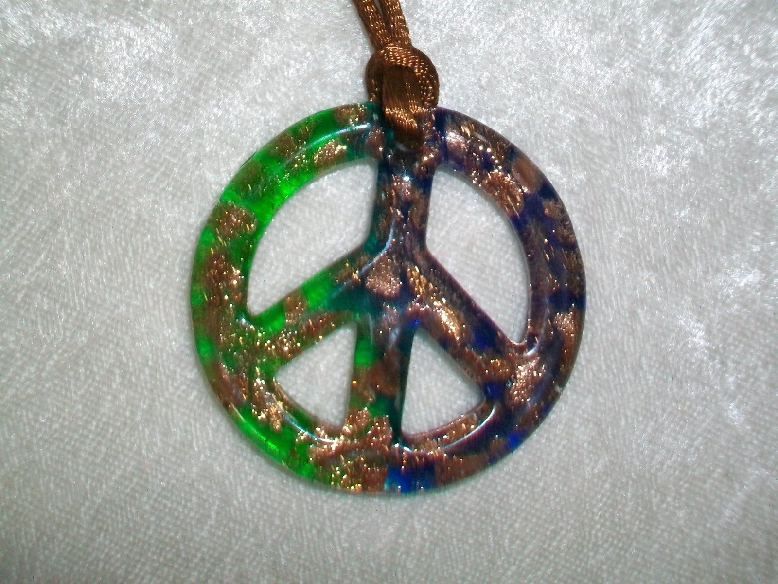 Blue Green Copper Peace Sign Art Glass Pendant Necklace Adjustable 38″ Silk Cord