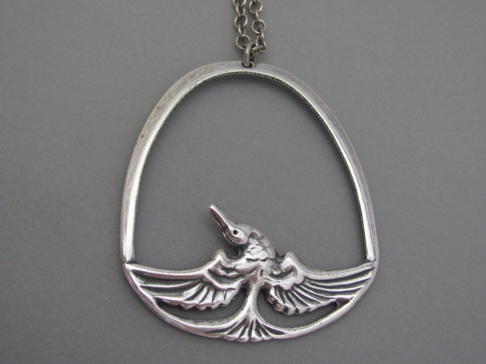 Art Deco Bird Necklace Egyptian Revival Pendant Antiqued Silver Plated Chain