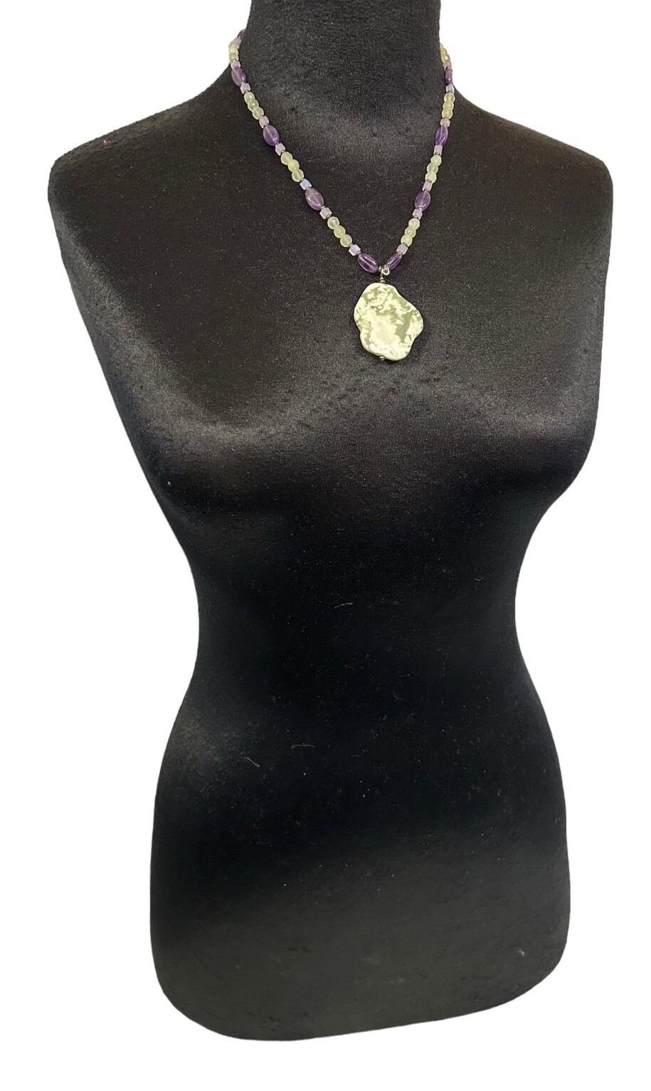 Stone necklace Pendant On Amethyst Stone & Glass Beaded Chain Handmade Green