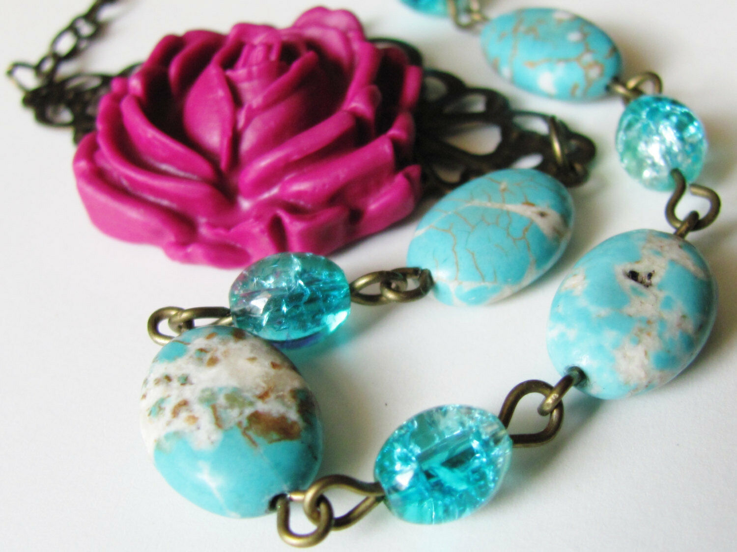 Flower Necklace Turquoise Fuchsia Magenta Pink Floral Chic Bridesmaid Boho Beach