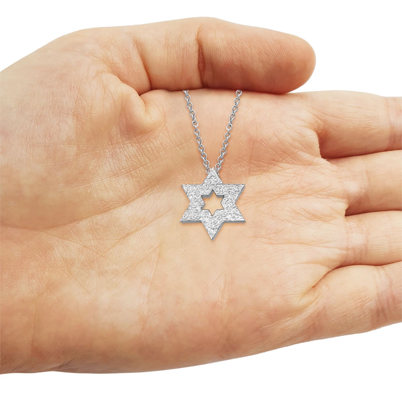 14K White Gold Star of David Pendant, Double Sided Hammered Israeli Judaica Gift