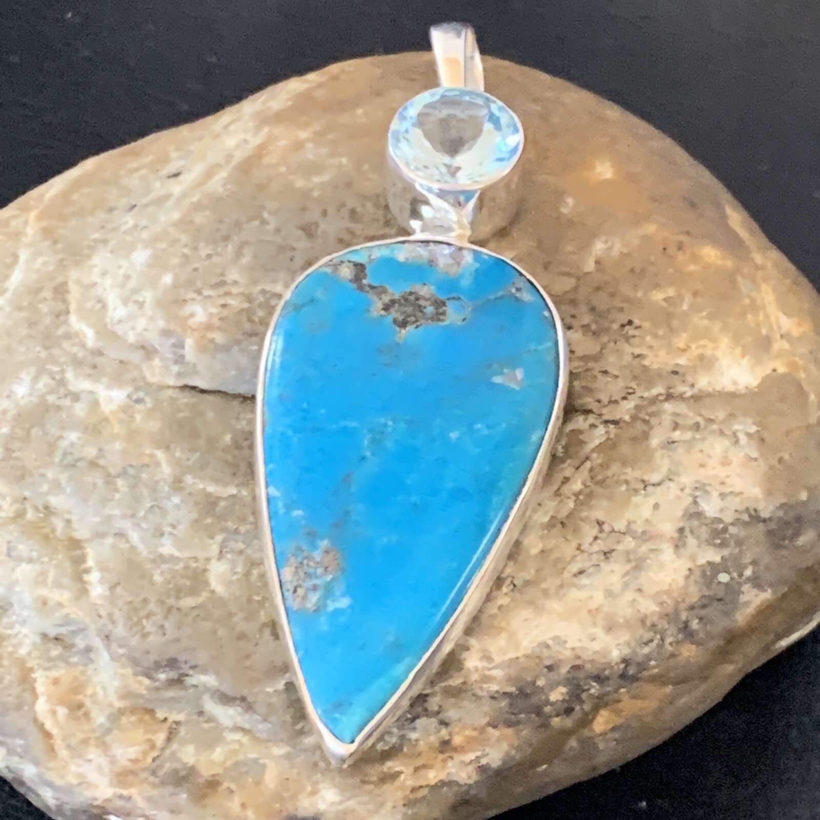 Blue Topaz & Turquoise Navajo Sterling Silver Pendant 3″ 12025